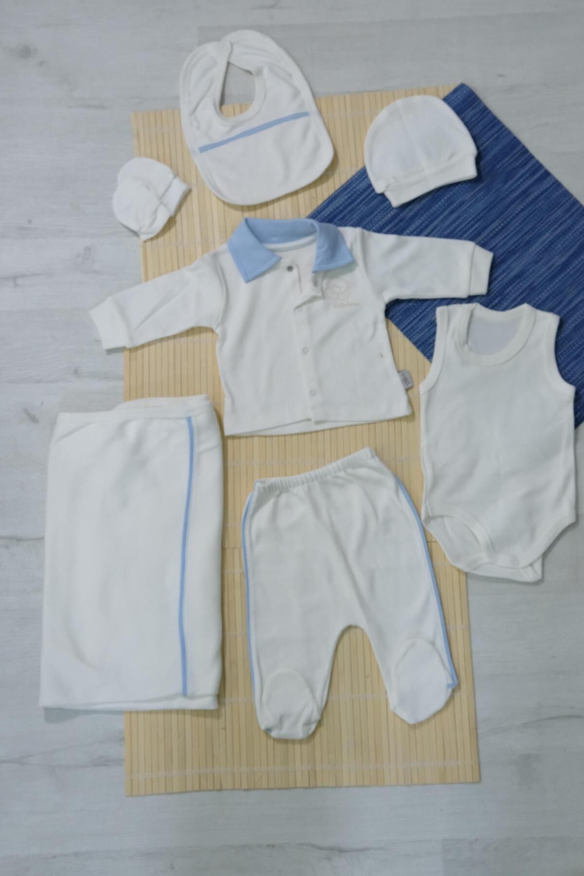 agugu Unisex Ayıcık Desenli 7'li Zıbın Takımı Turkuaz Biyeli Krem