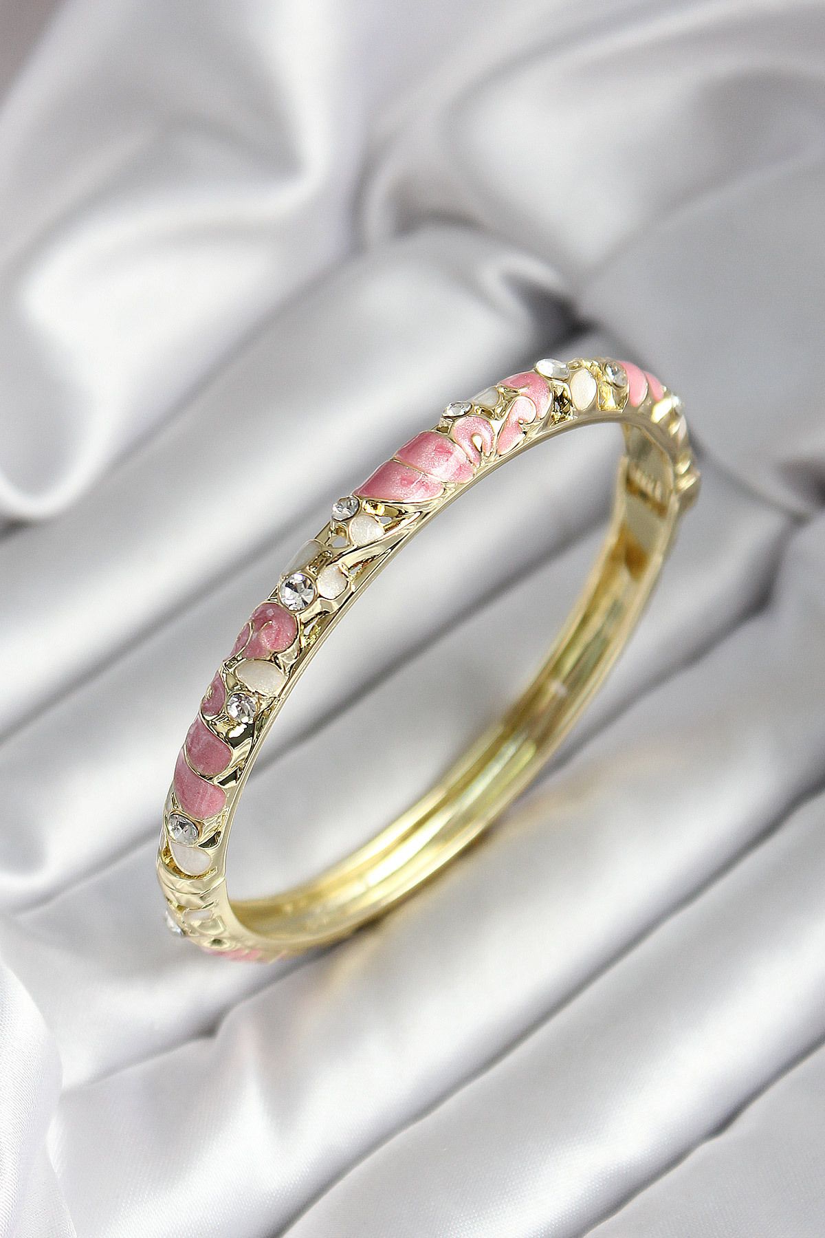 Goşenefmafe Mineli Pirinç Pembe Çiçek Desenli Zirkon Taşlı Gold Renk Kadın Kelepçe