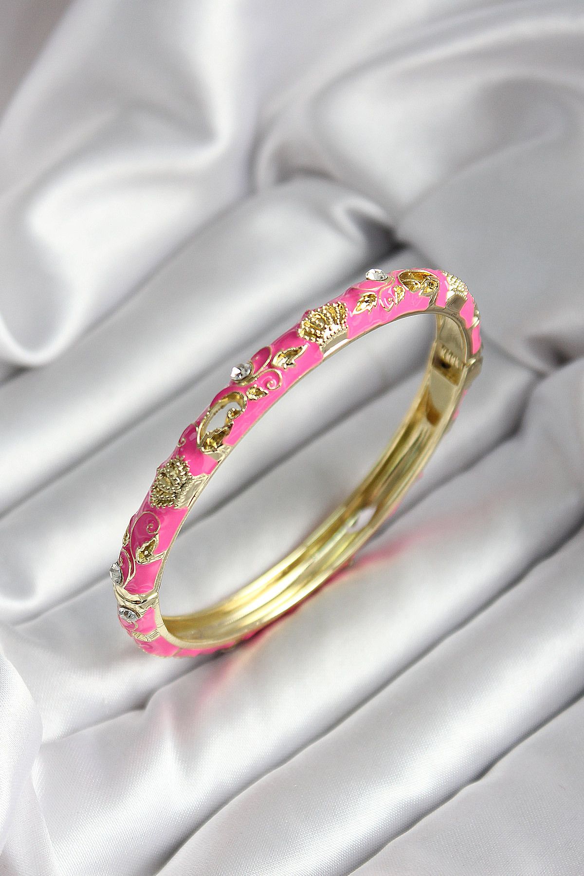 Goşenefmafe Mineli Pirinç Pembe Çiçek Desenli Gold Renk Kadın Kelepçe