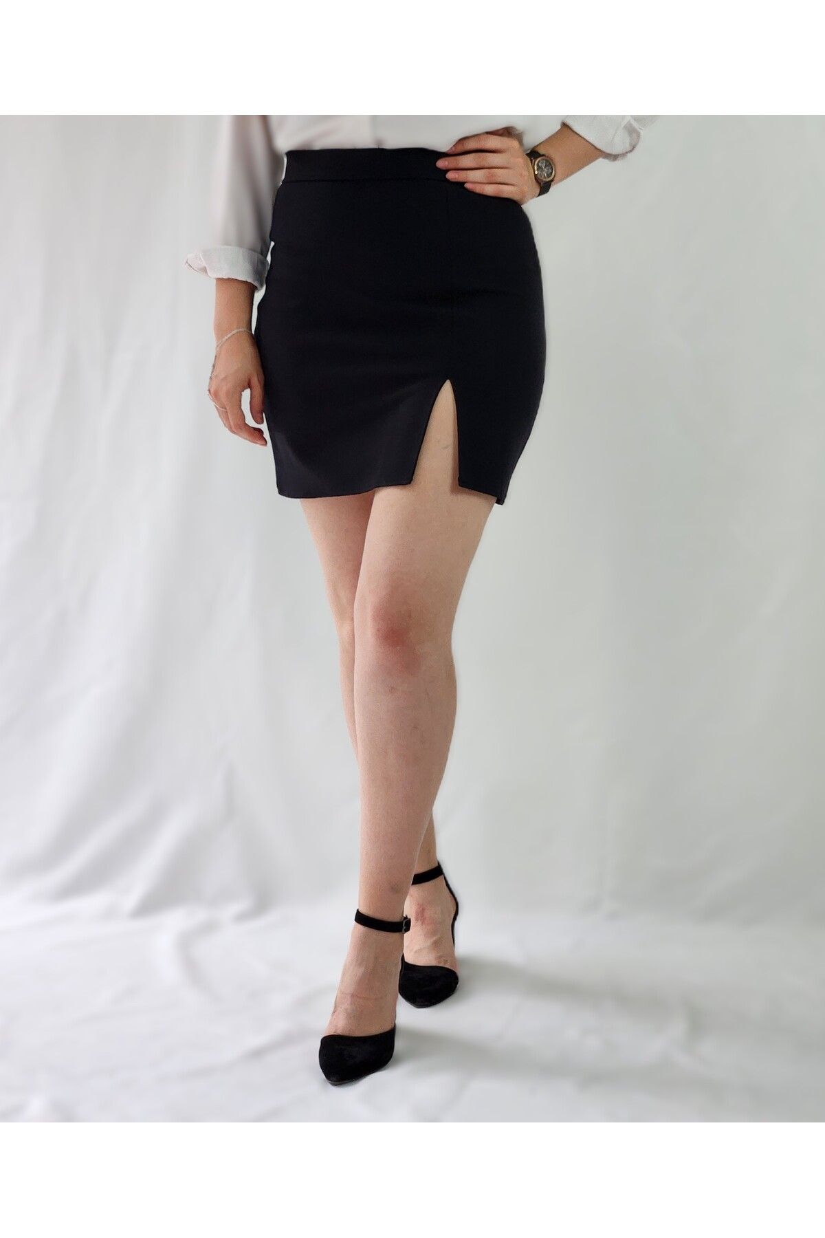 MRV DESIGN YIRTMAÇLI DOKUMA SİYAH MİNİ ETEK