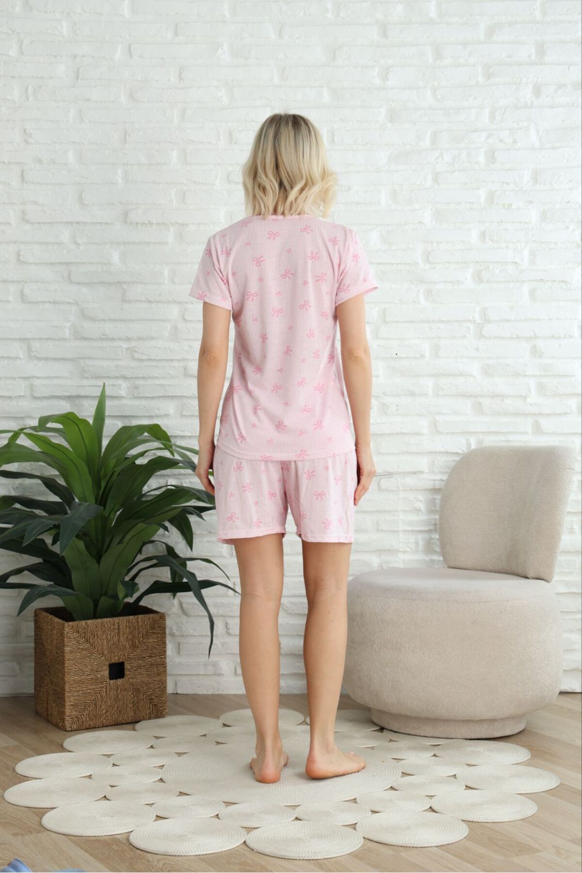 PİJART-Pink Bow Patterned Shorts Knitted Pajama Set 5