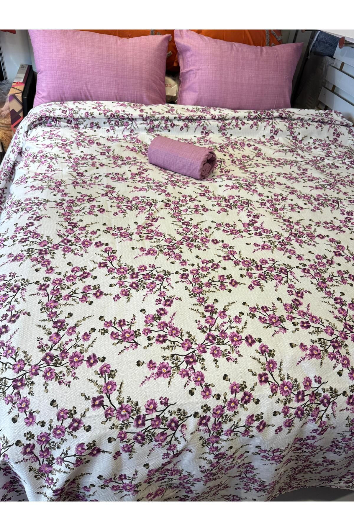 ŞENER HOME-Plum Branch Patterned Sheet Elastic Double Pique Set 7