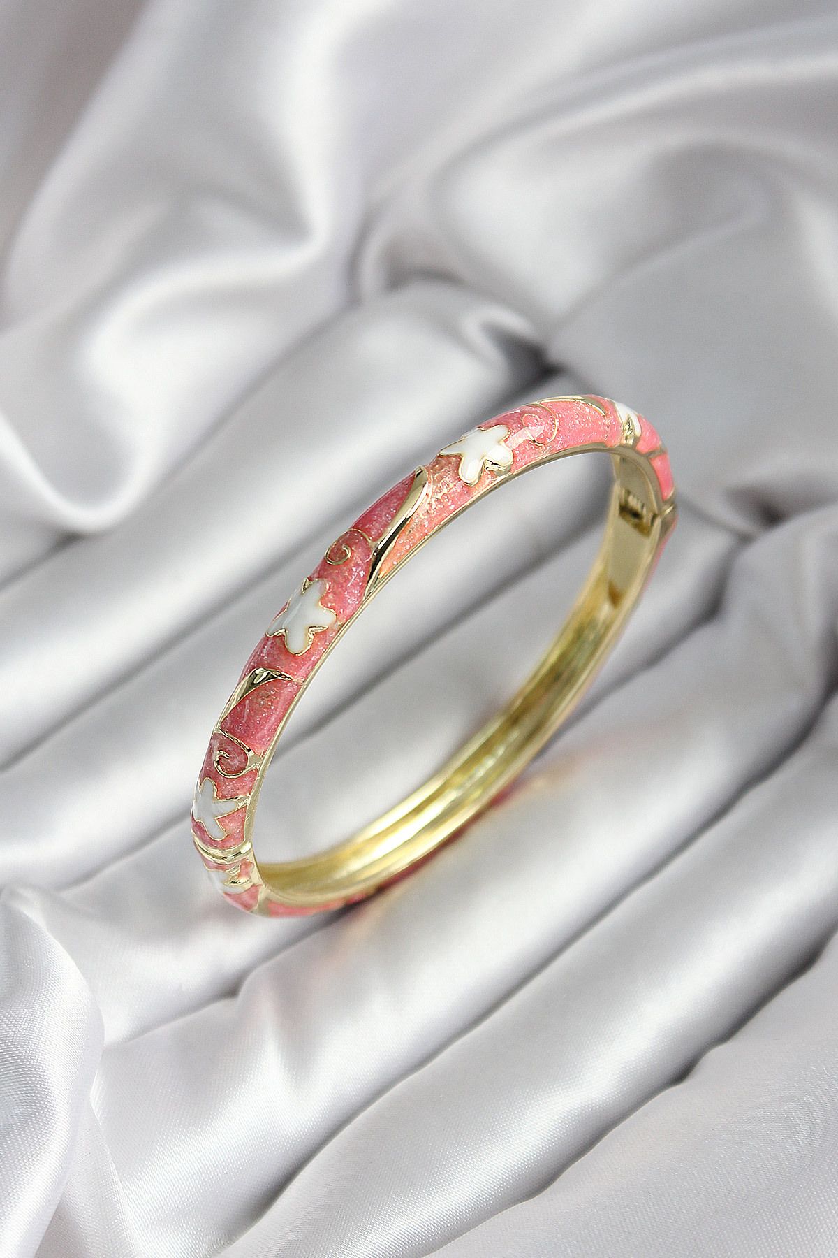 Goşenefmafe Mineli Pirinç Pembe Çiçek Desenli Gold Renk Kadın Kelepçe (çap 60 mm)