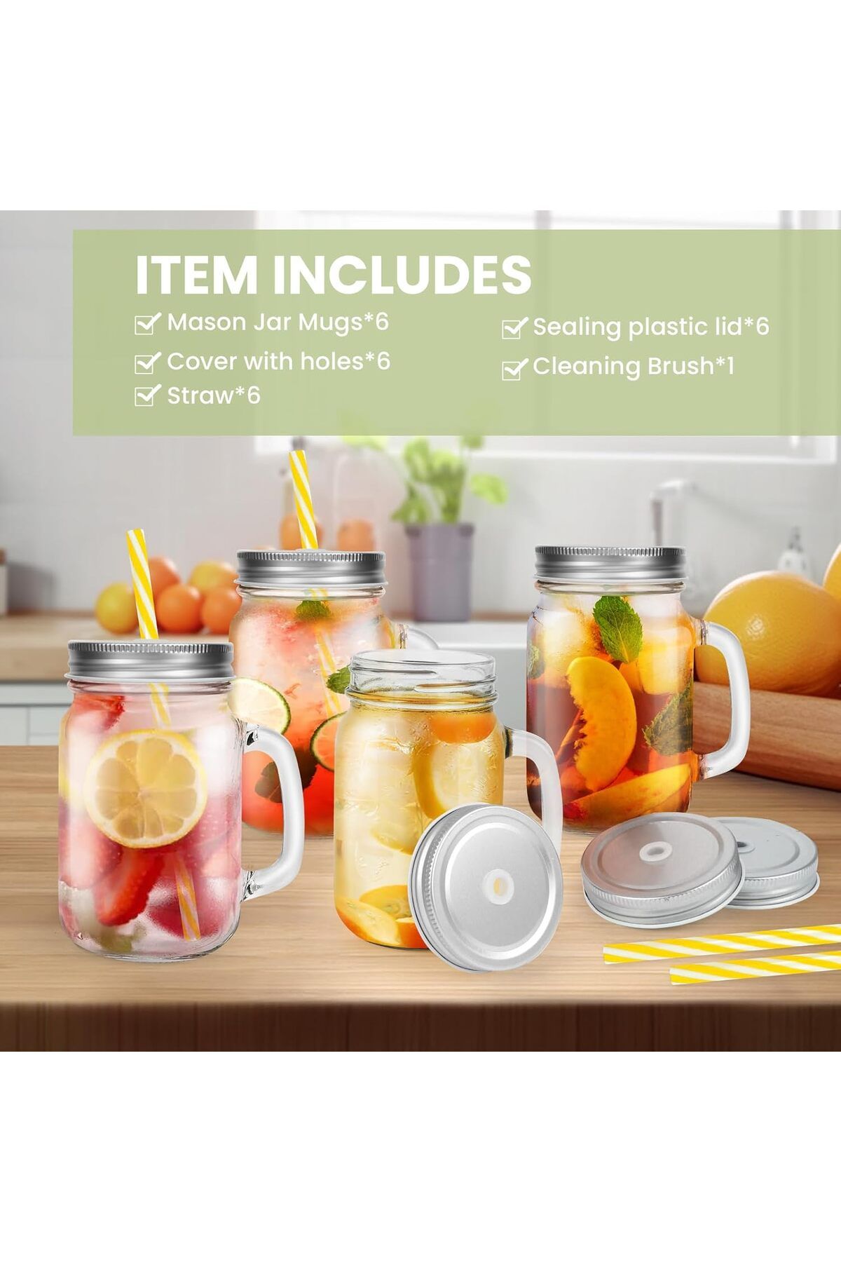 Generic-16oz Glass Mason Jar Set of 6 with Lids and Straws - Mason Jars with Handles for Cold Drinks 9