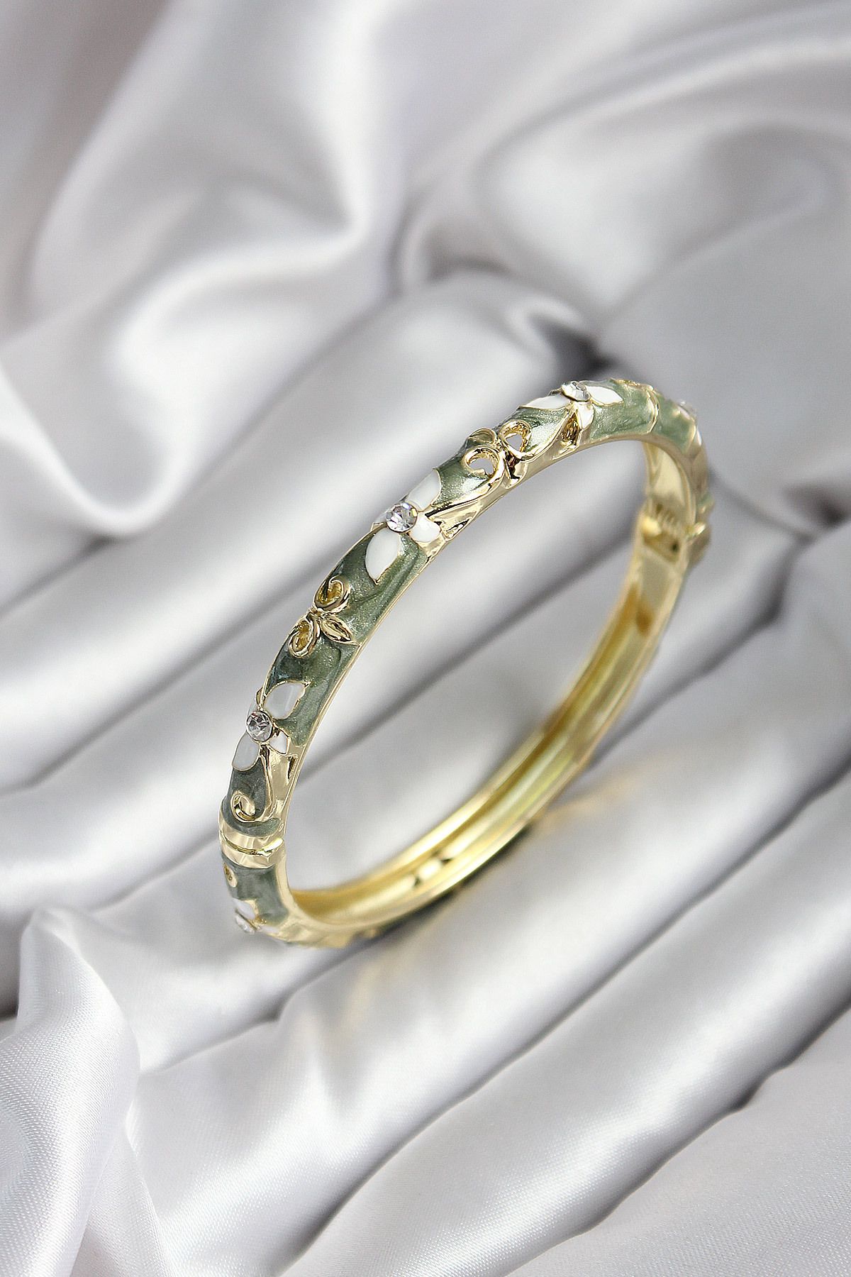 Goşenefmafe Mineli Pirinç Yeşil Çiçek Desenli Zirkon Taşlı Gold Renk Kadın Kelepçe (çap 60 mm)