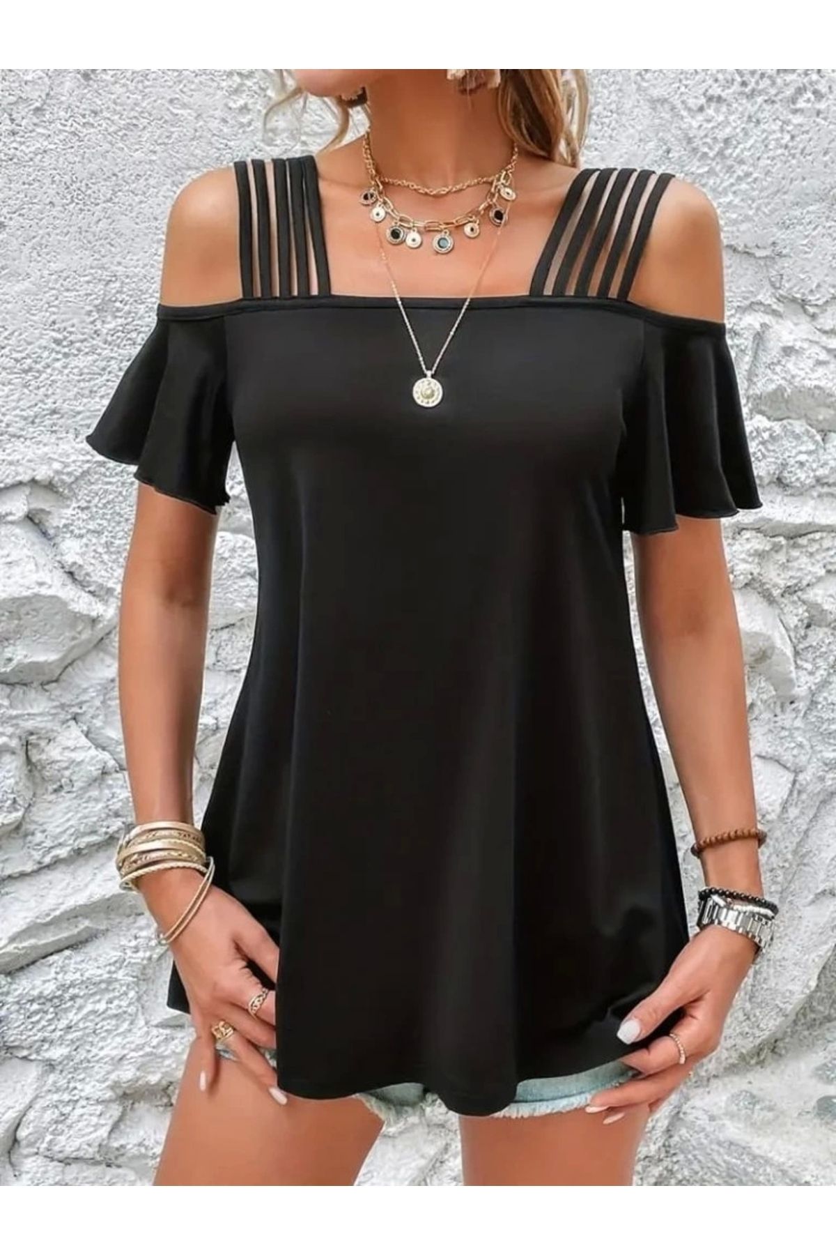 Butik Kadın Kısa Kollu Beş Askılı Viskon Bluz
