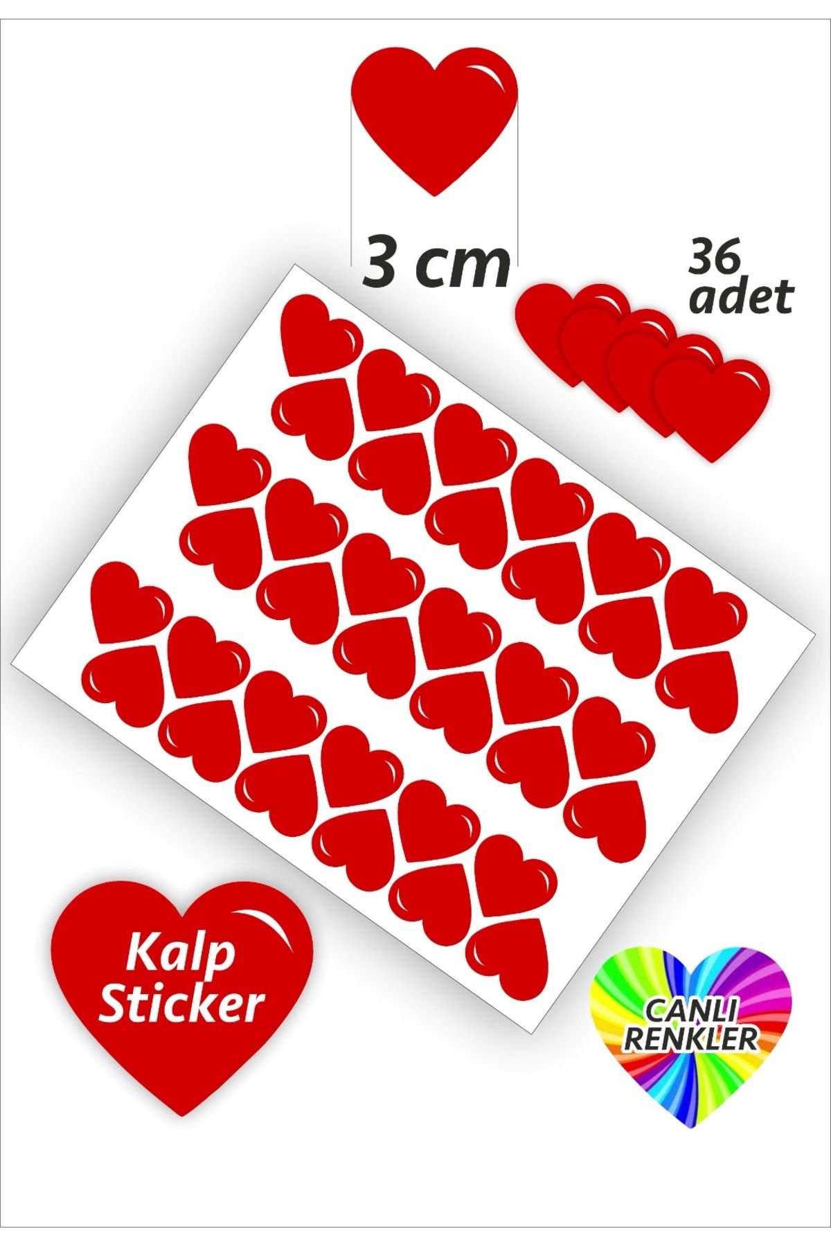 İstisna 36 Adet Kalp Etiket Kırmızı Renk 3 Cm Kalp Temalı Sticker Seti