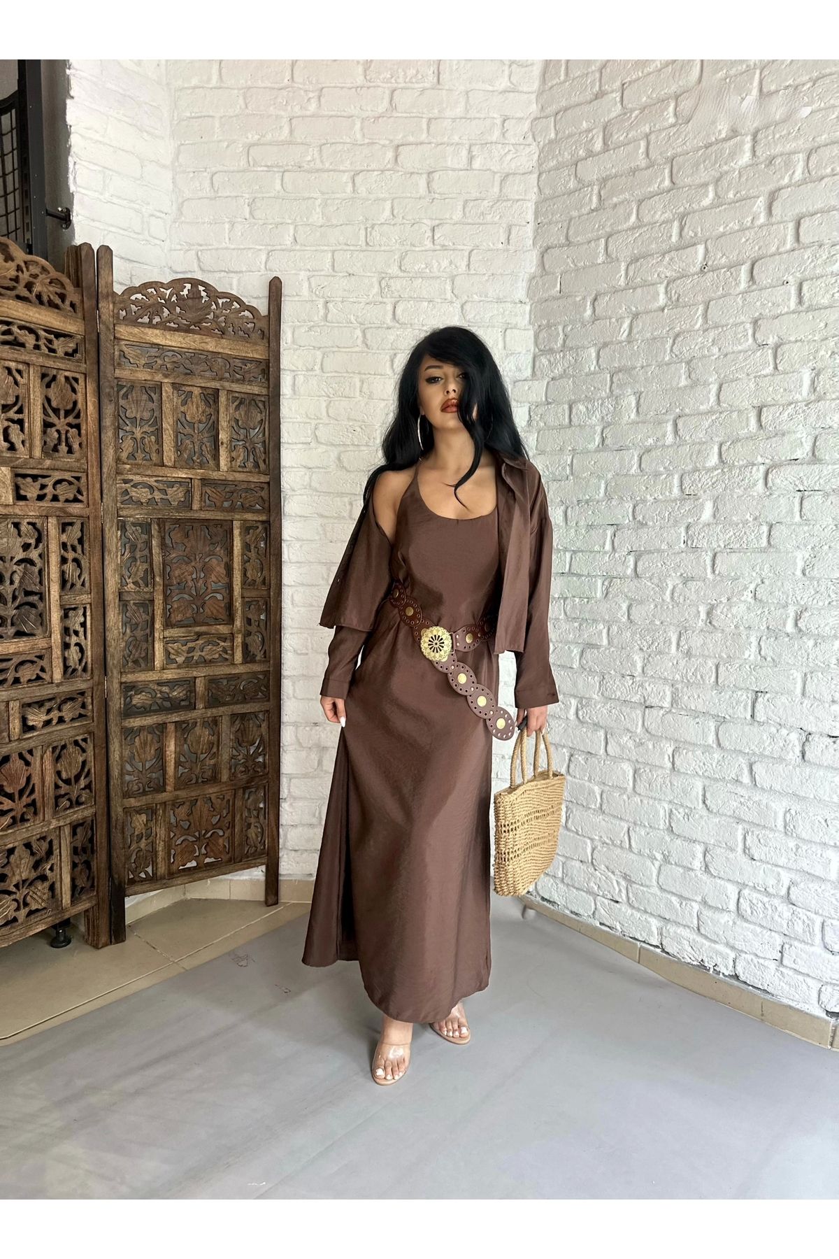 moneta boutique Kadın Askılı Elbise Ve Gömlek İkili Takım