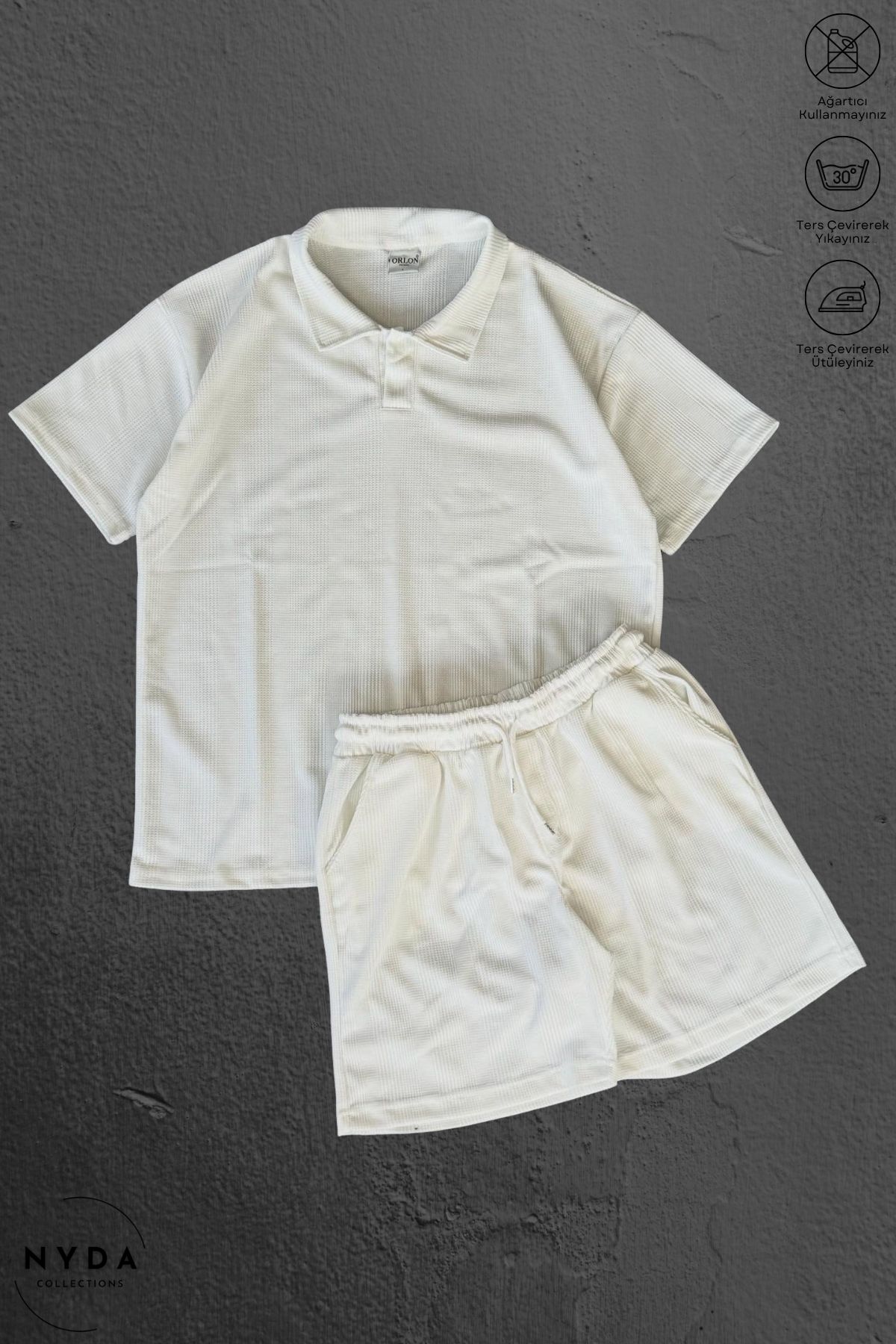 Nyda Collections Pamuklu Petek Kumaş Desenli Erkek Kadın Unisex Polo Yaka T-Shirt ve Şort Takım 2'li Set