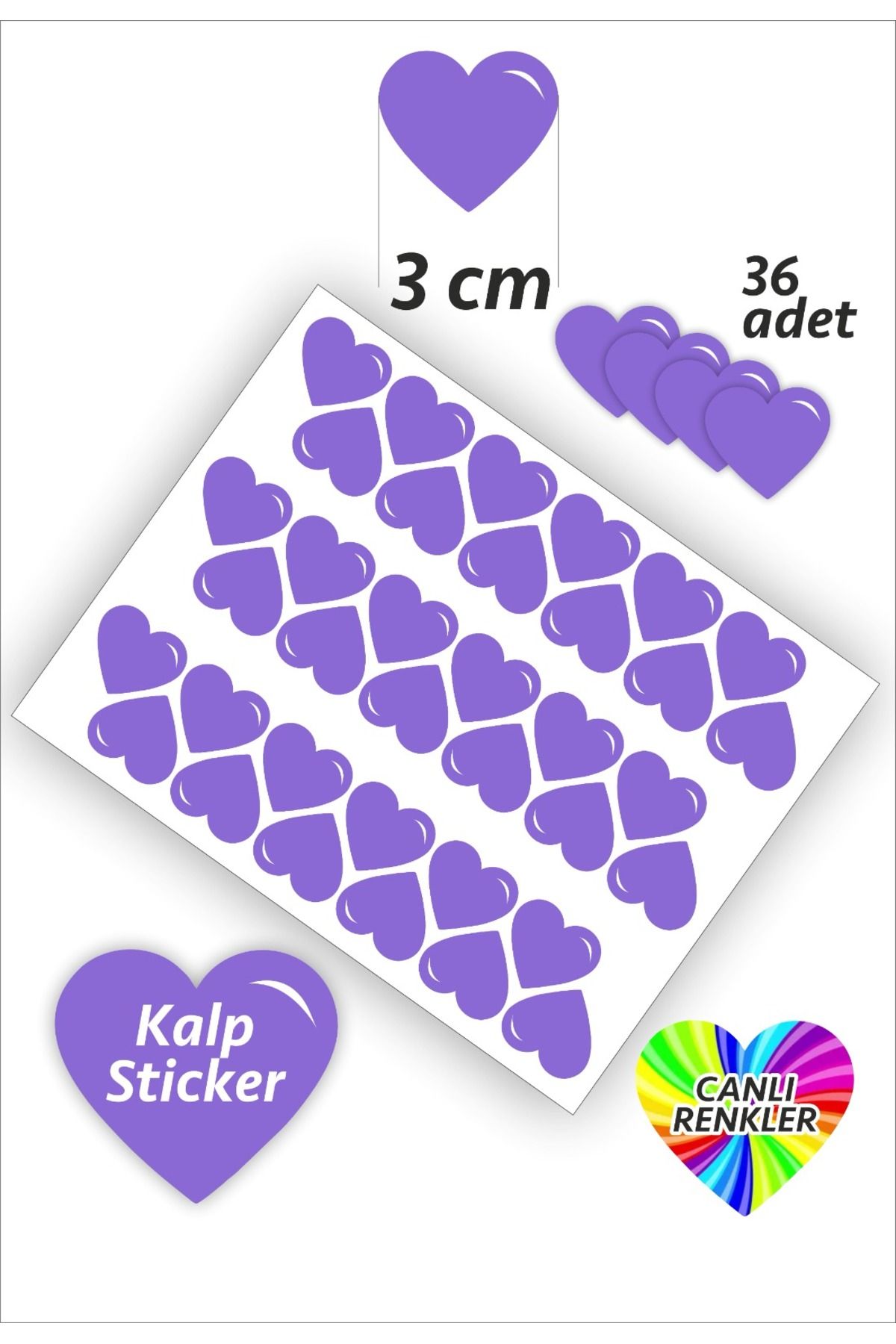 İstisna 36 Adet Mor Kalp Etiket Renk 3 Cm Kalp Temalı Sticker Seti