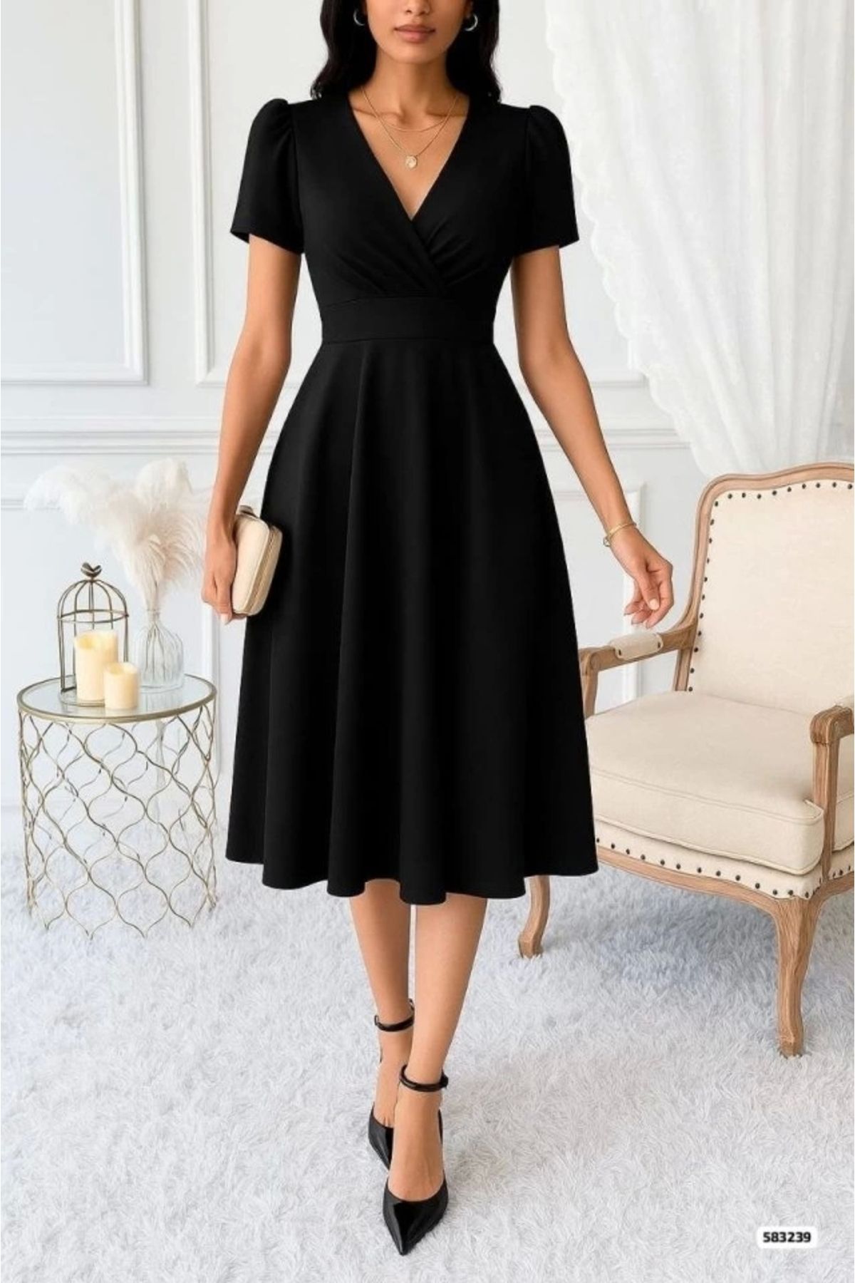 Butik Kadın Kruvaze Yaka Kısa Kollu Midi Boy Krep Kumaş Elbise