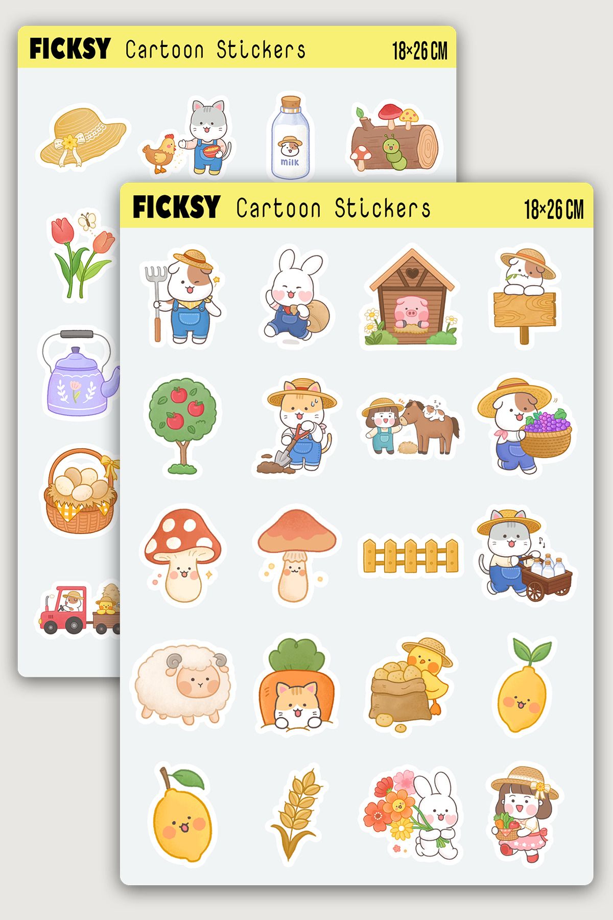 Ficksy Kawaii Sevimli Çiftçi Sticker Seti - 40 Adet Çiftlik Hayatı Etiket Çıkartma
