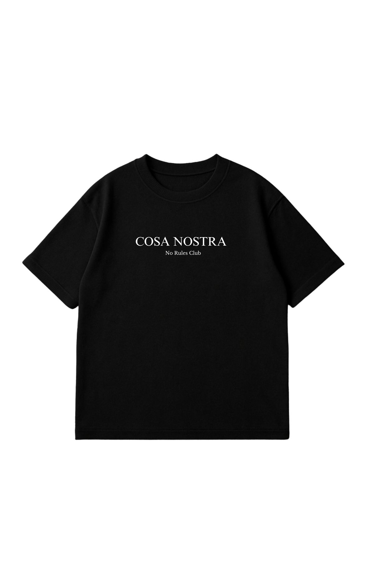 COSA NOSTRA Unisex Siyah Oversize Tişört – No Rules Club Baskılı %100 Pamuk 24/1 Süprem Kumaş