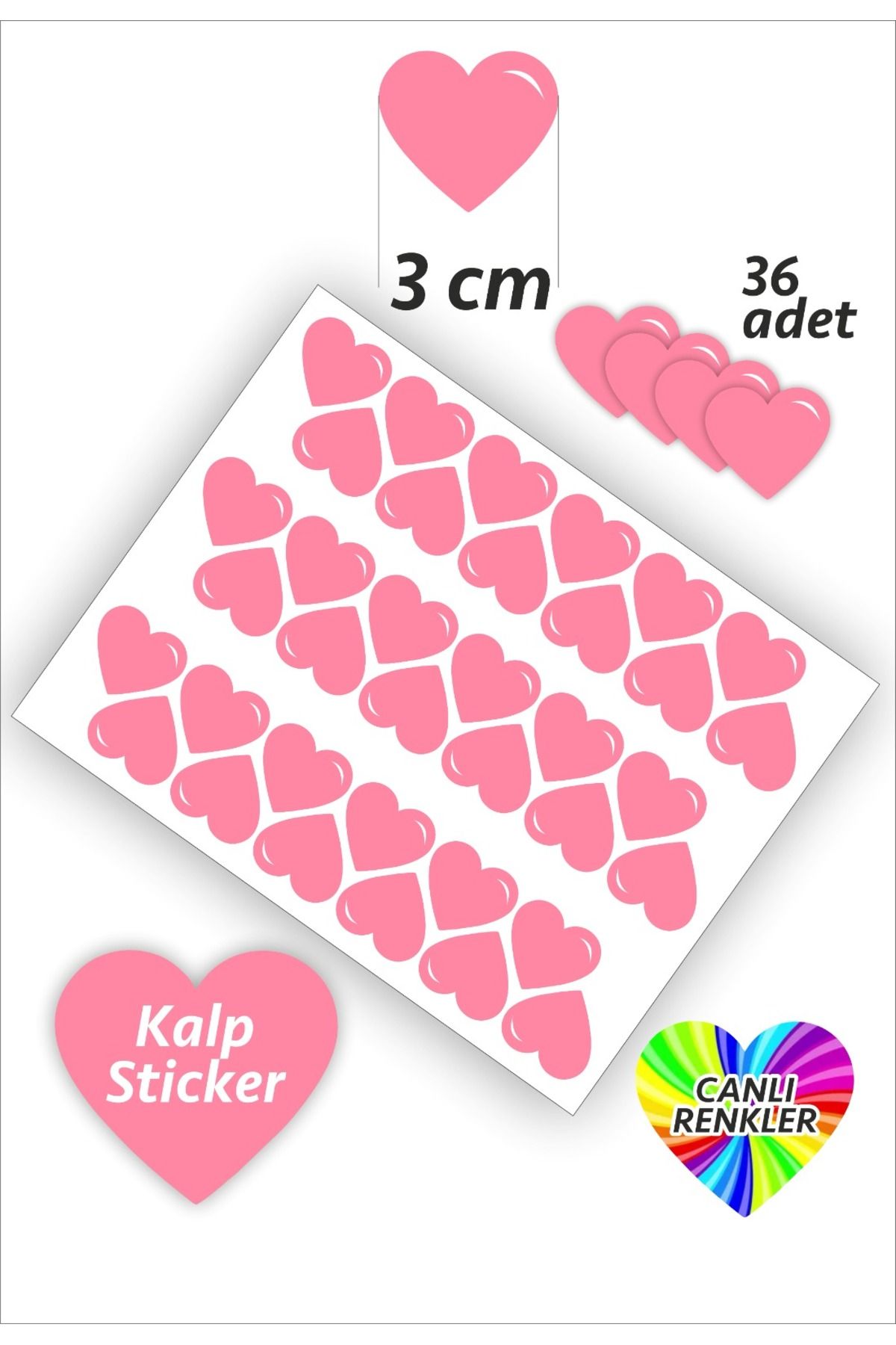 İstisna 36 Adet Kalp Etiket Pembe Renk 3 Cm Kalp Temalı Sticker Seti