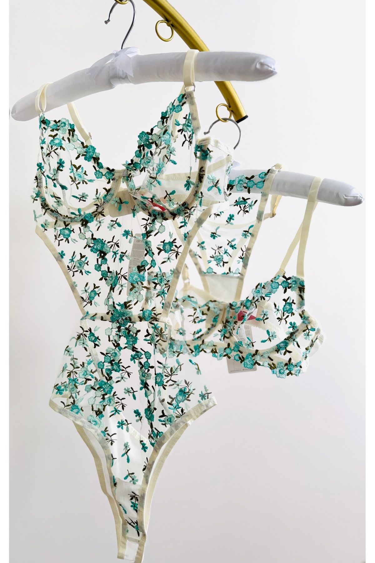 TRIO LINGERIE Dantelli Brode Yeşil Çiçekli Balenli Kapsız Transparan Bodysuit