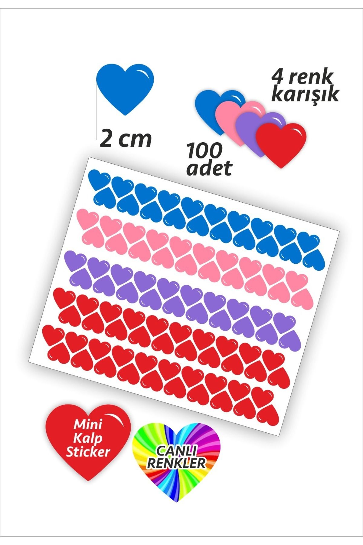 İstisna 100 Adet Kalp Etiket 4 Renk Kırmızı Mavi Mor Pembe Renk 2 Cm Kalp Temalı Sticker Seti