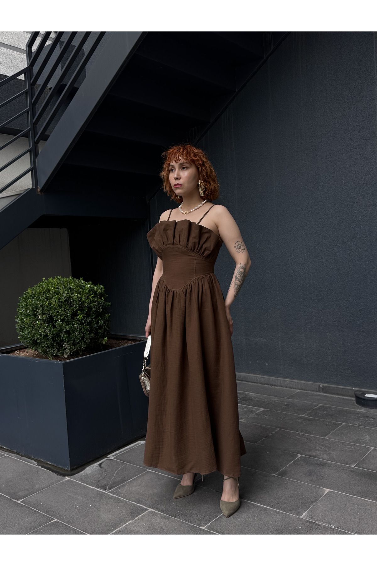 Bak'ap-Design Chest Flywheel Detailed Curved Bustier Collar Corset Long Dress 3