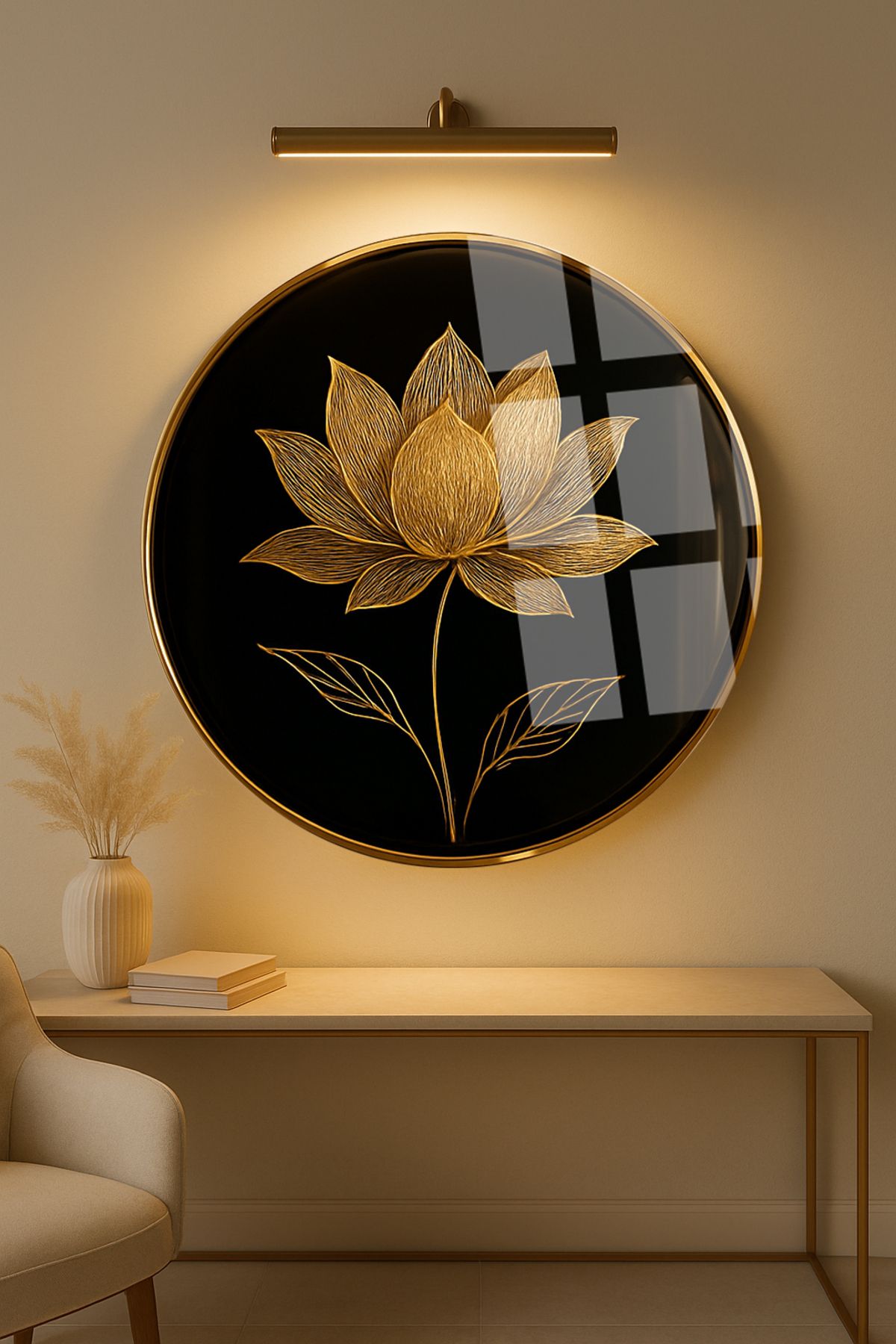 TAULART IŞILTILI LOTUS YAPRAKALRI TASARIMI KIRILMAZ YUVARLAK CAM TABLO LÜKS EV HEDİYESİ ULTRA CANLI RENKLİ