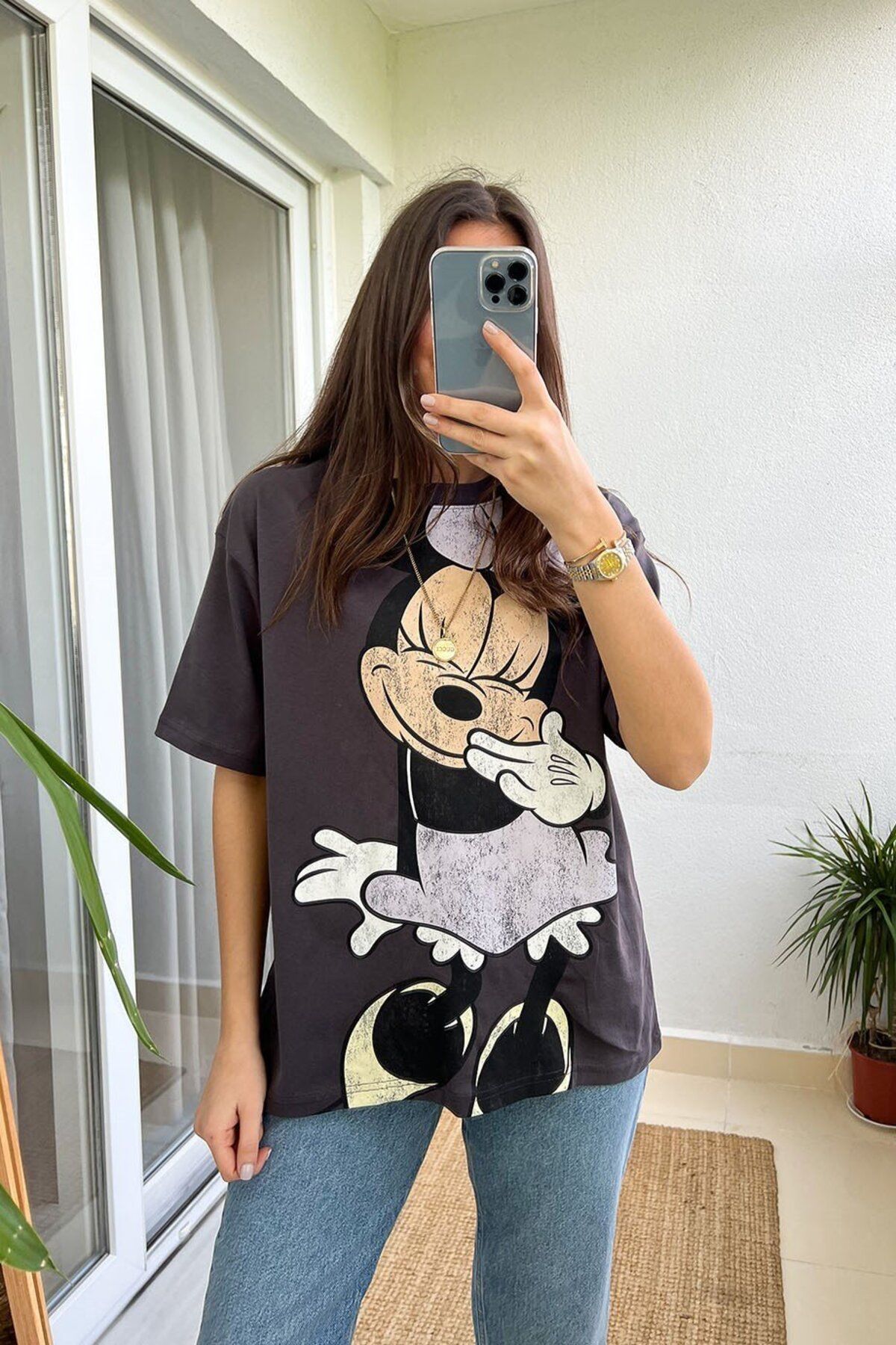 ESCE Karakter Baskılı Owersize Kadın Tshirt Gri Renk