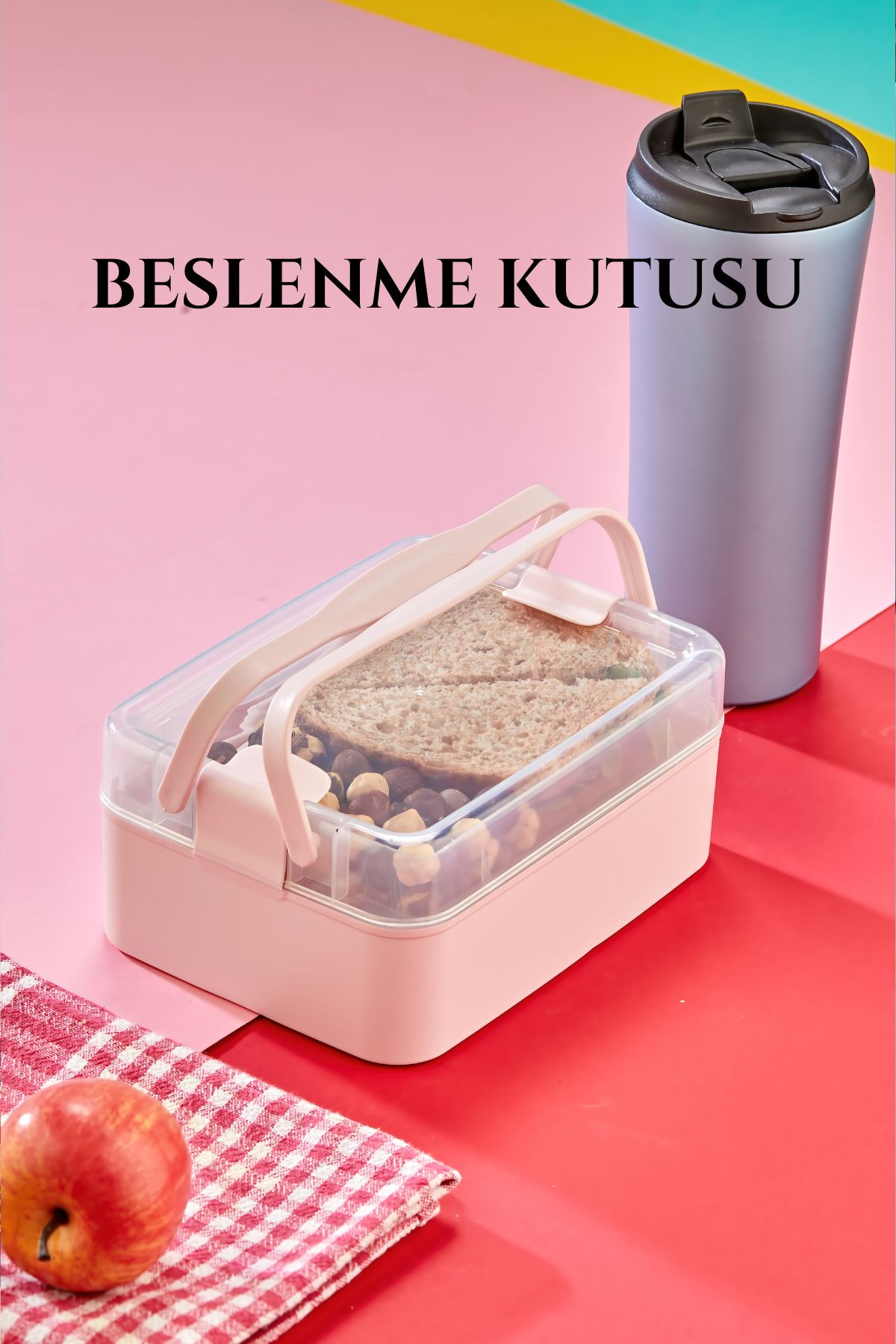 Espas Home Çift Katlı Taşınabilir Beslenme Kutusu – Şeffaf Kapaklı, Saplı, Sızdırmaz Yemek Kabı - Pembe