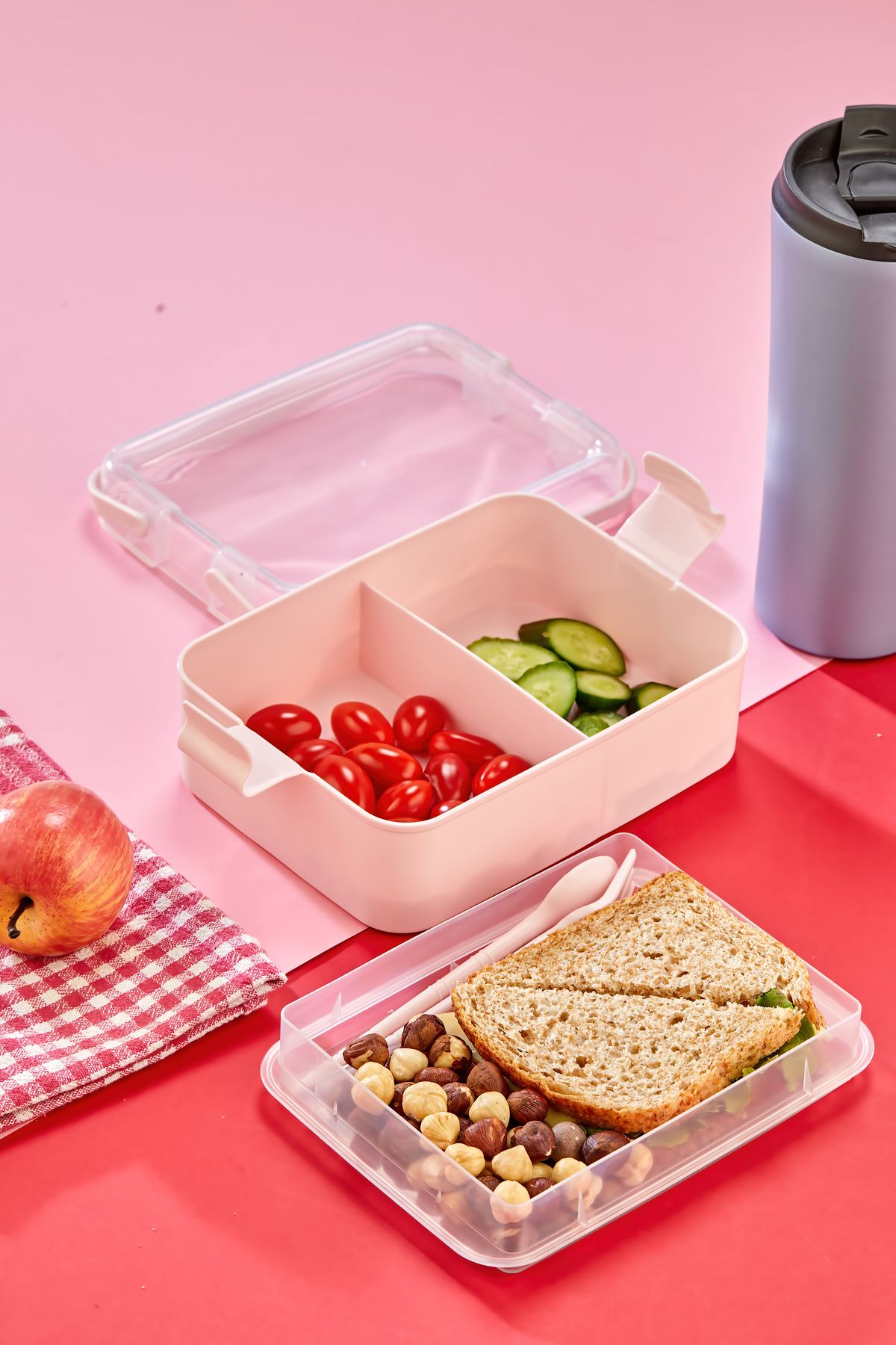 Espas Home-Double Layer Portable Lunch Box – Transparent Lid, Handle, Leakproof Food Container - Pink 5
