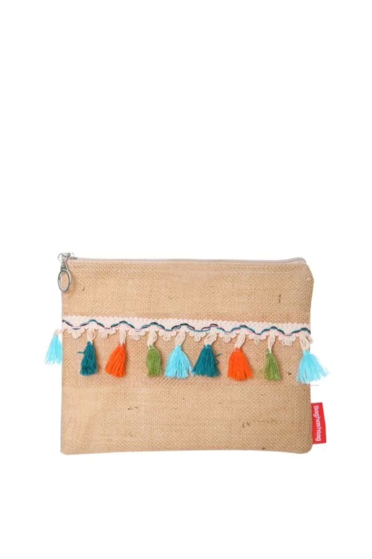 gizmurstore Baghashtag Renkli Pon Pon Püsküllü Jüt Clutch Bez Çanta