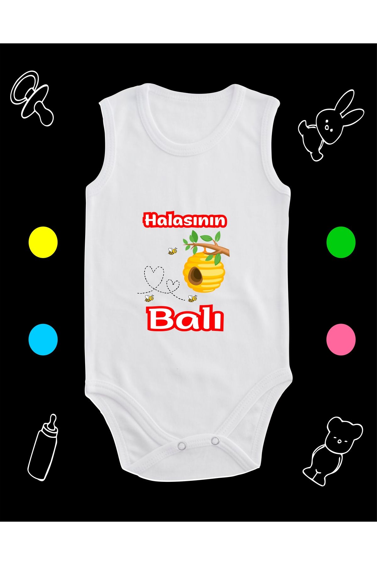 enmalife Pamuklu Halasının Balı Baskılı Penye Bebek Body Çıtçıtlı Badi Zıbın HLBL123