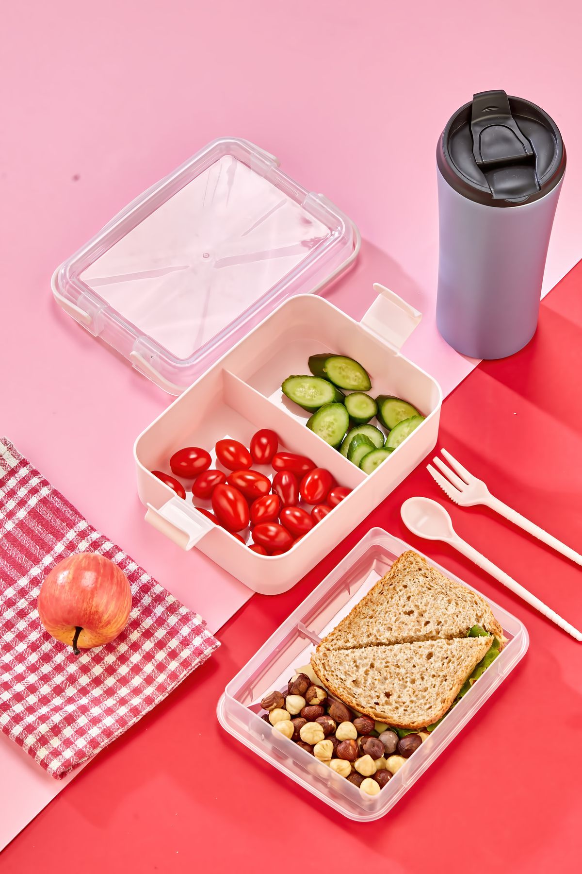 Espas Home-Double Layer Portable Lunch Box – Transparent Lid, Handle, Leakproof Food Container - Pink 6