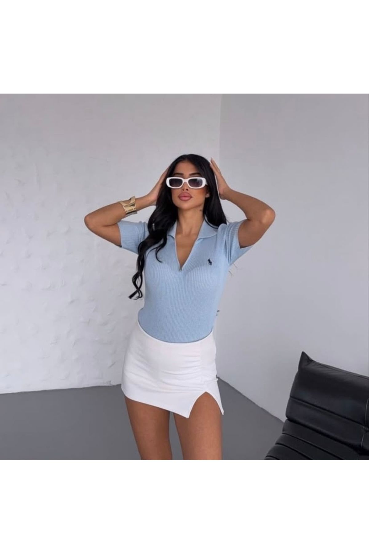 Neba Boutique Kadın Polo Yaka Fermuarlı Nakışlı Triko Tişört