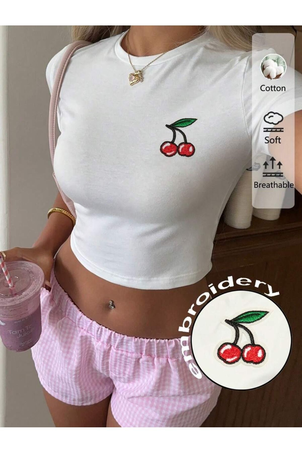 PALPİTO Kadın Beyaz Küçük Kirazlar Baskılı Bisiklet Yaka Dar Crop Tshirt