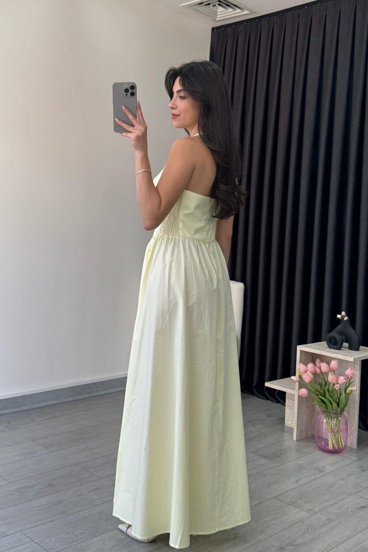 Hotfashion BOYUNDAN ASKILI BEL DETAYLI MAXİ ELBİSE