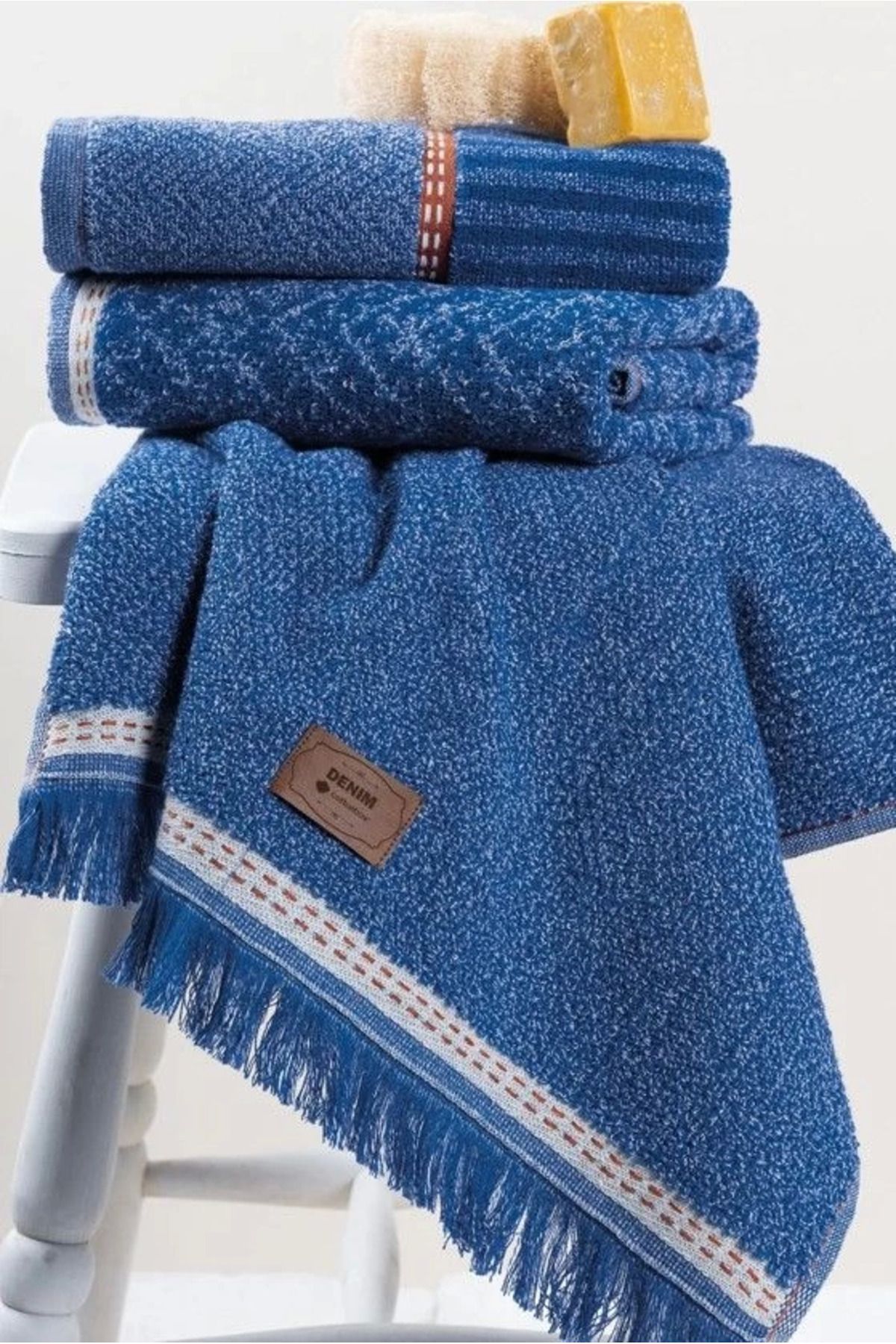 ÖYKÜ VE YİĞİT Cotton Box 3'lü Jakarlı Havlu Seti Denim Mavi 50x90