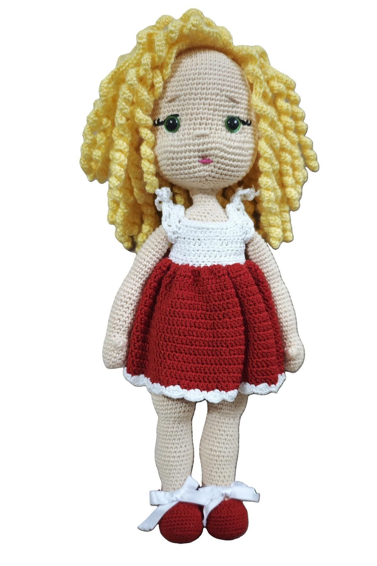 NesliWorld Sarı saçlı kırmızı elbiseli amigurumi kız bebek