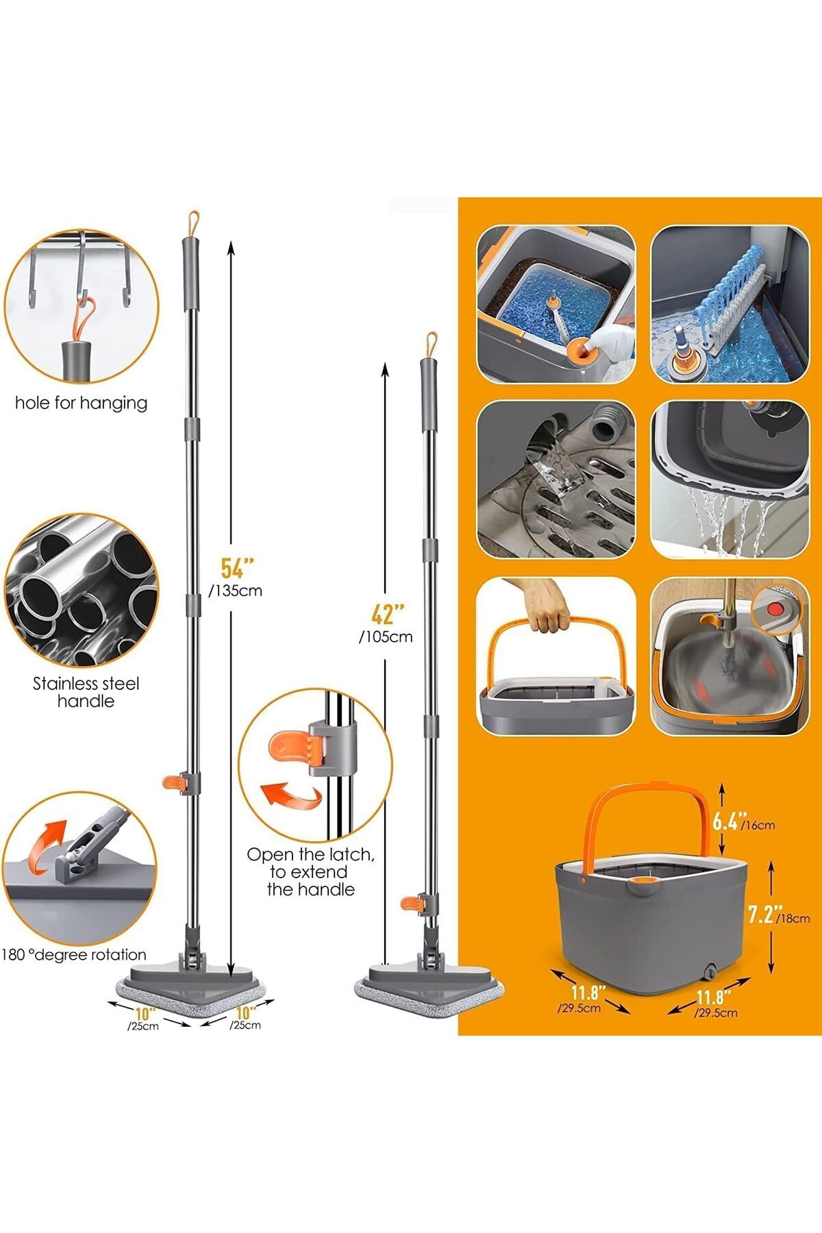 مجموعة ممسحة دوارة مع دلو ونظام مياه منفصل ذاتيًا، رأس ممسحة دوارة 360 درجة مربعة الشكل
