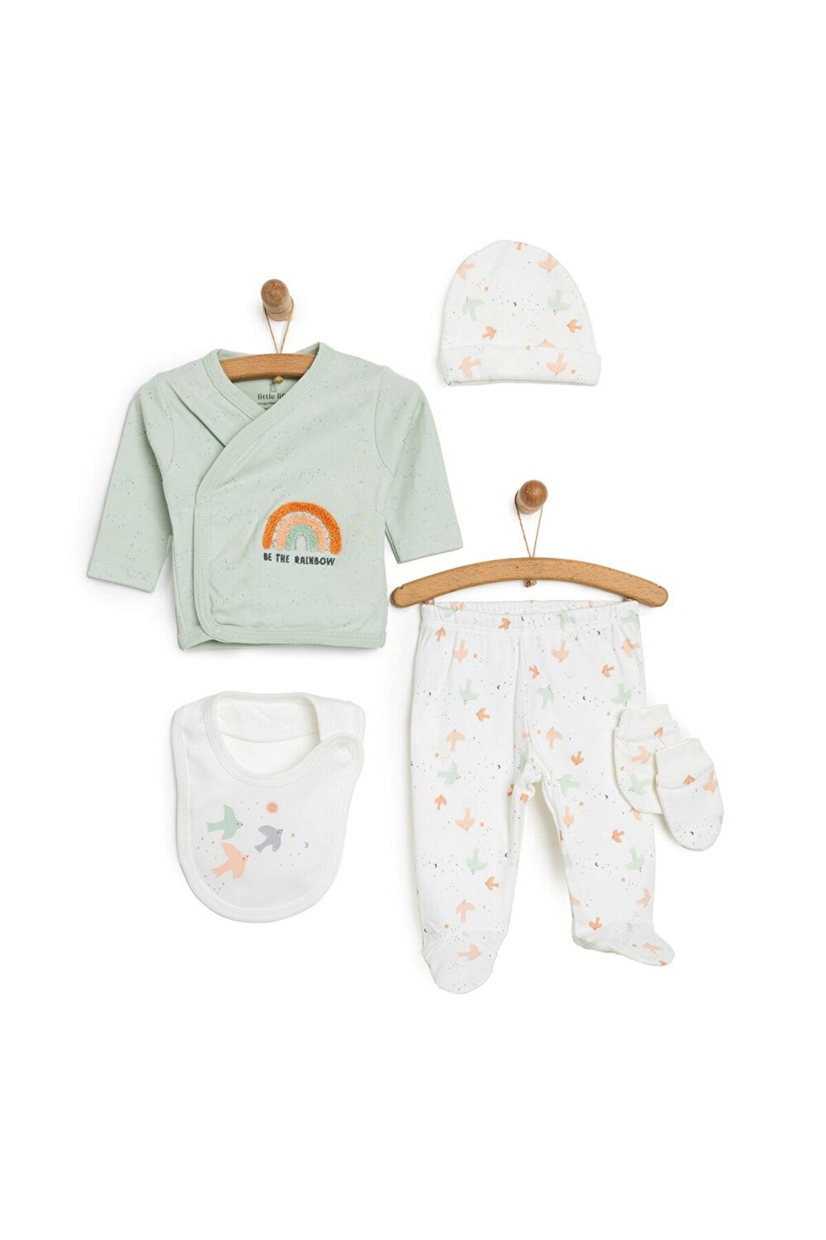 Little Life Gökkuşağı Temalı %100 Pamuk 5'li Unisex Bebek Hastane Çıkışı Seti – Yenidoğan Hastane Seti 5'li Set