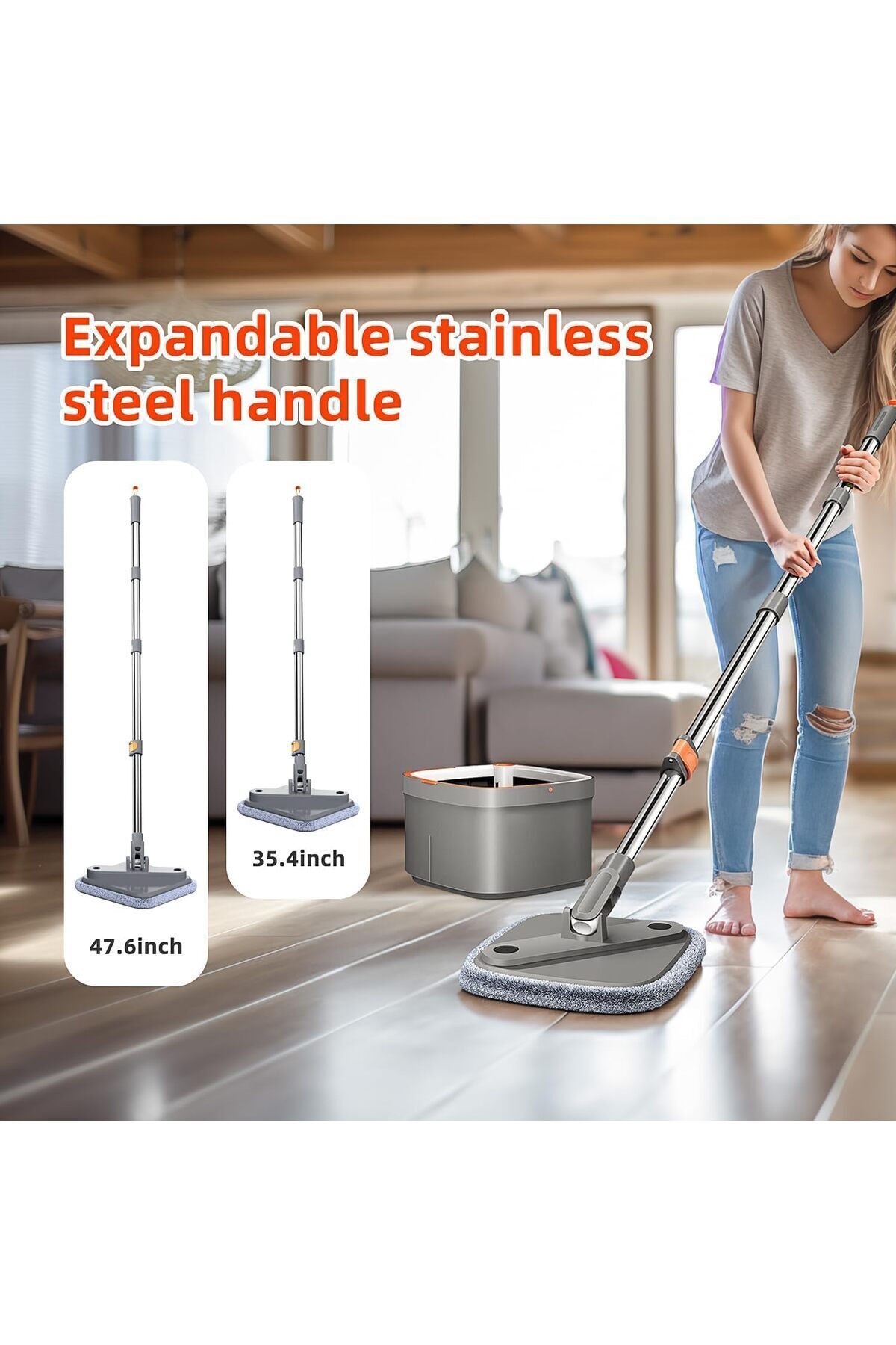 مجموعة ممسحة دوارة مع دلو ونظام مياه منفصل ذاتيًا، رأس ممسحة دوارة 360 درجة مربعة الشكل