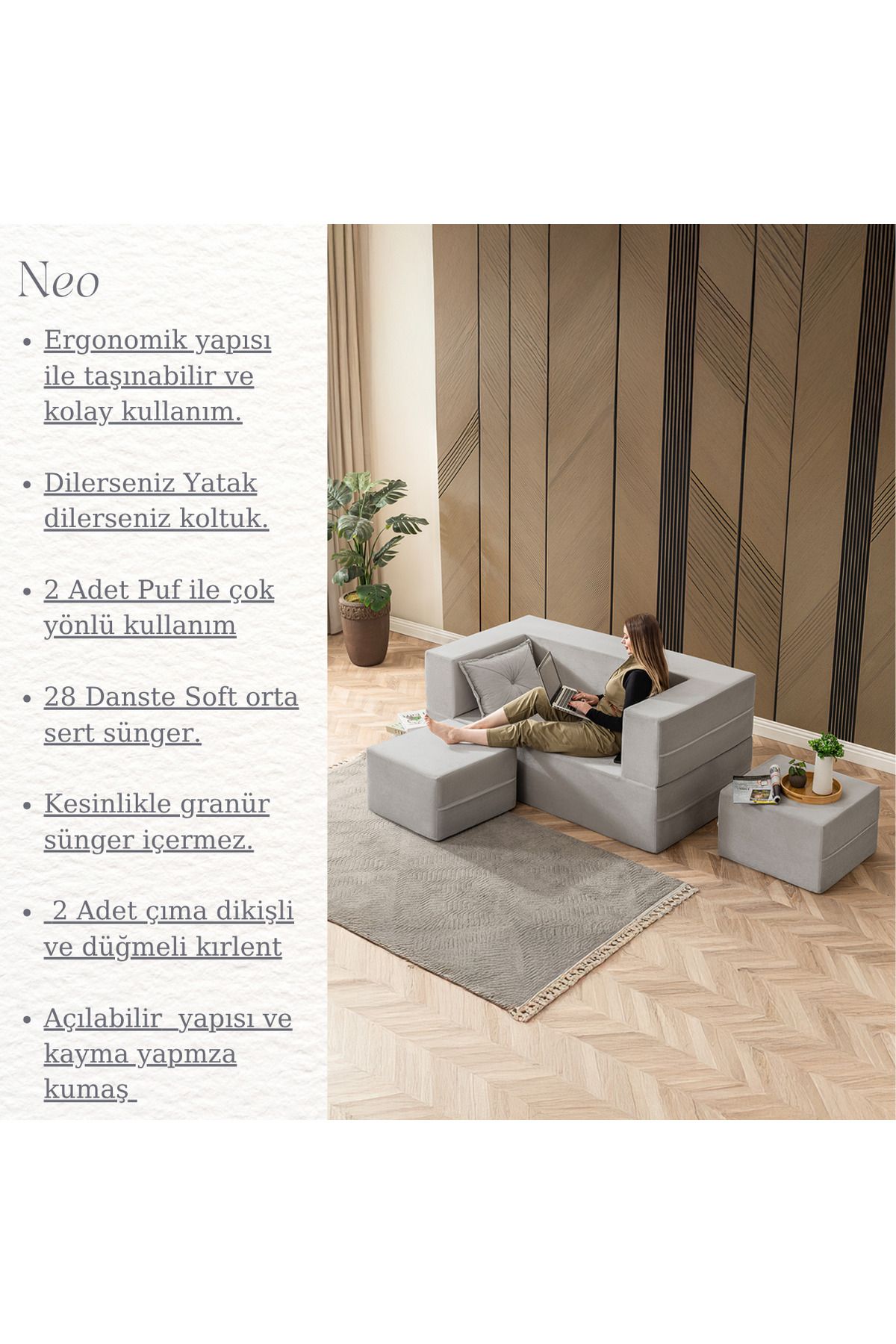 BRANNA HOME Neo Açılır Koltuk & Çift Kişilik Puflu & Uzanma Koltuğu & Silinebilir Çok Amaçlı Sünger Koltuk Gri