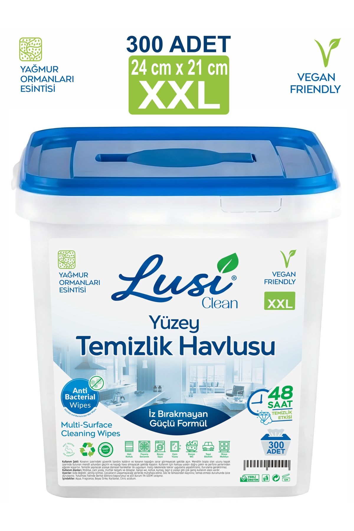 lusi clean Çok Fonksiyonlu Yüzey Temizleyici Islak Kova Mendil Hijyenik 300 Adet Xxl
