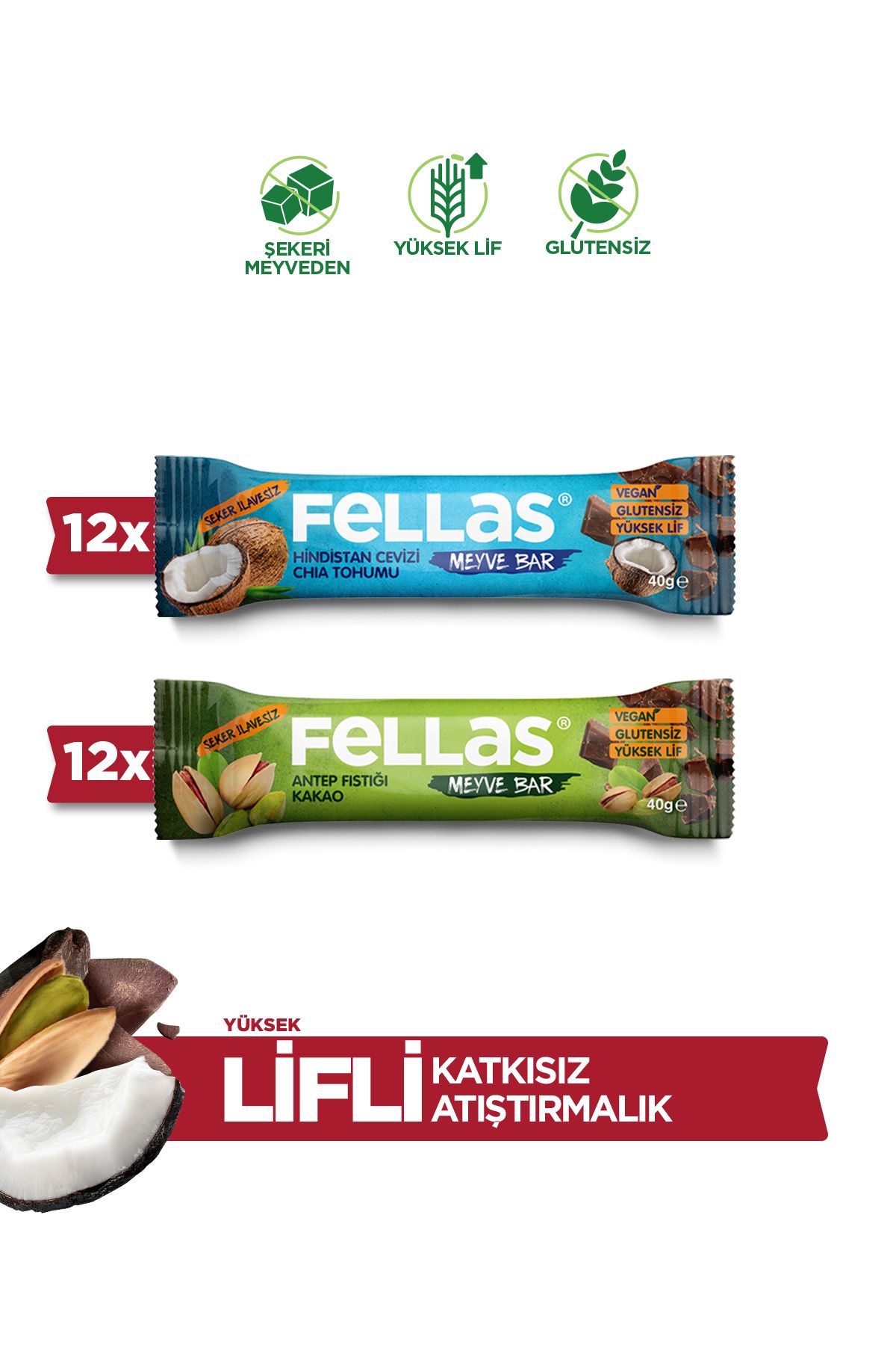 Meyve Bar 40 G Süper İkili Kutu 24 Adet - Antep Fıstıklı X 12 Adet + Hindistan Cevizli X 12 Adet