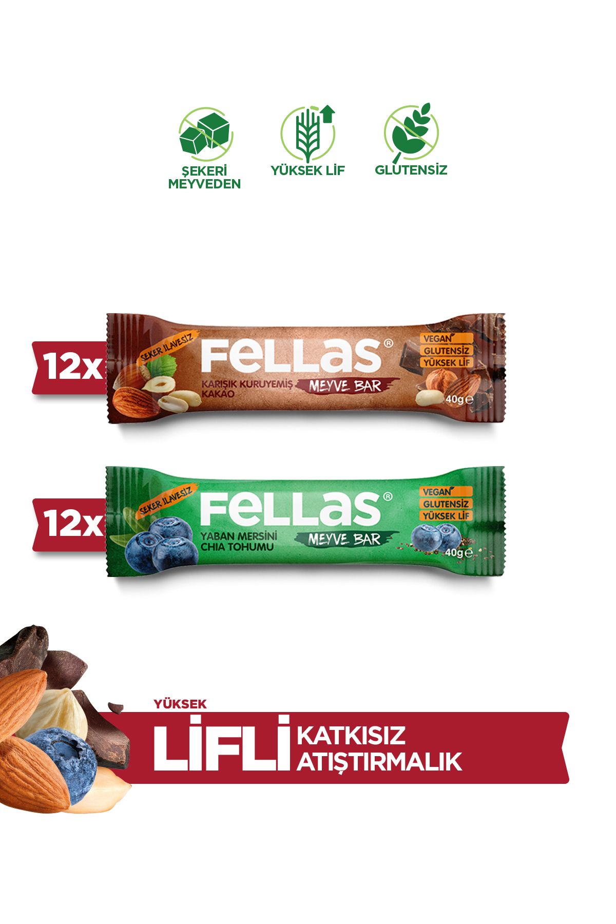 Fellas Meyve Bar 40 G Süper Ikili Kutu 24 Adet - Krş. Kuruyemiş X 12 Adet + Yaban Mersini X 12 Adet