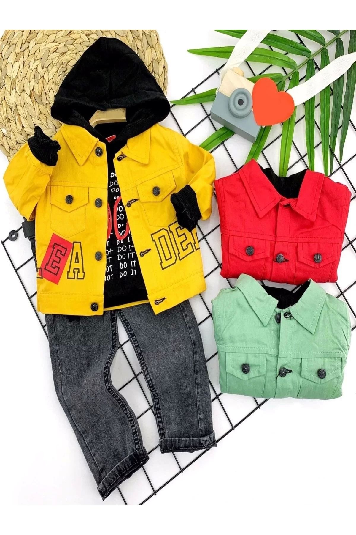 mega fair 2-3-4-5 Yaş Pantolonlu Sweat Gabardin Ceket Cepli Kot Pantolon 3lü Erkek Bebek Takımı Kırmızı