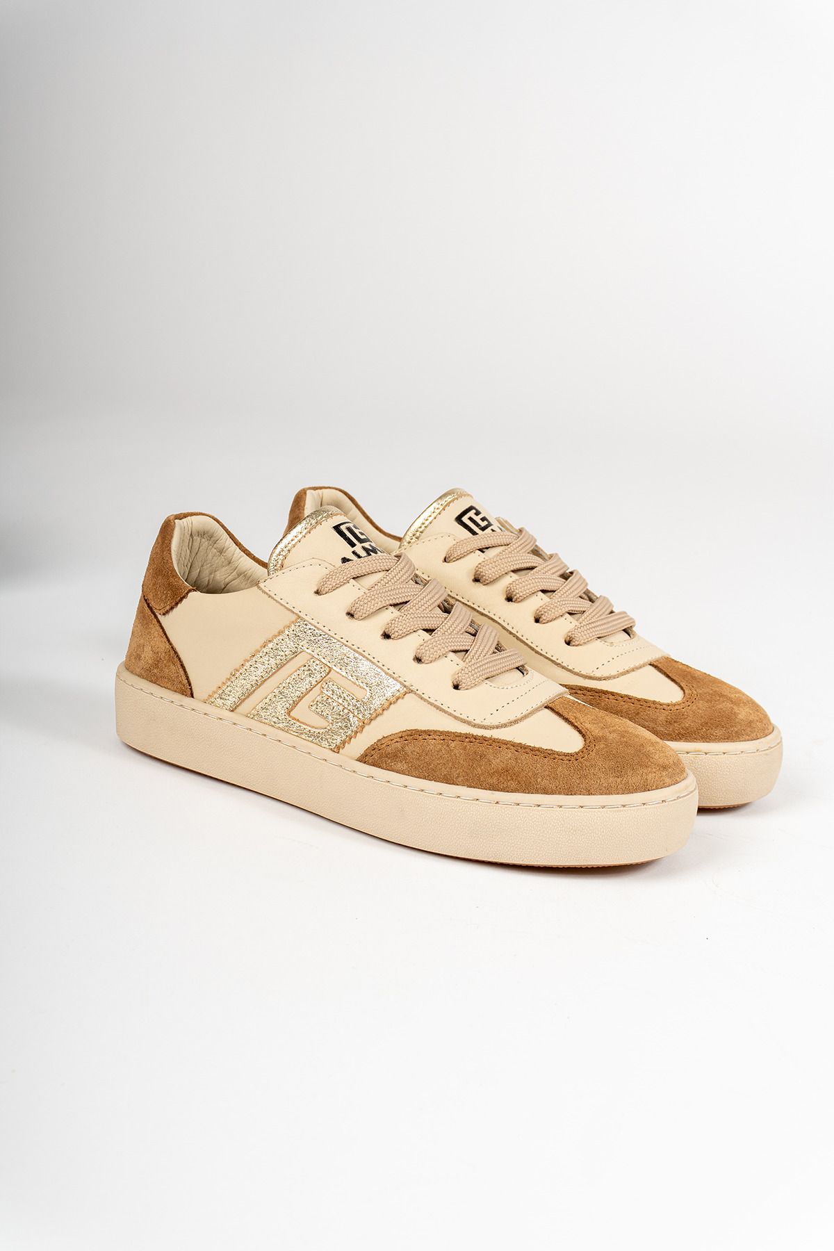 alkushoes Hakiki Deri Kadın Sneaker Bej Bağcıklı Desenli Günlük Spor Ayakkabı