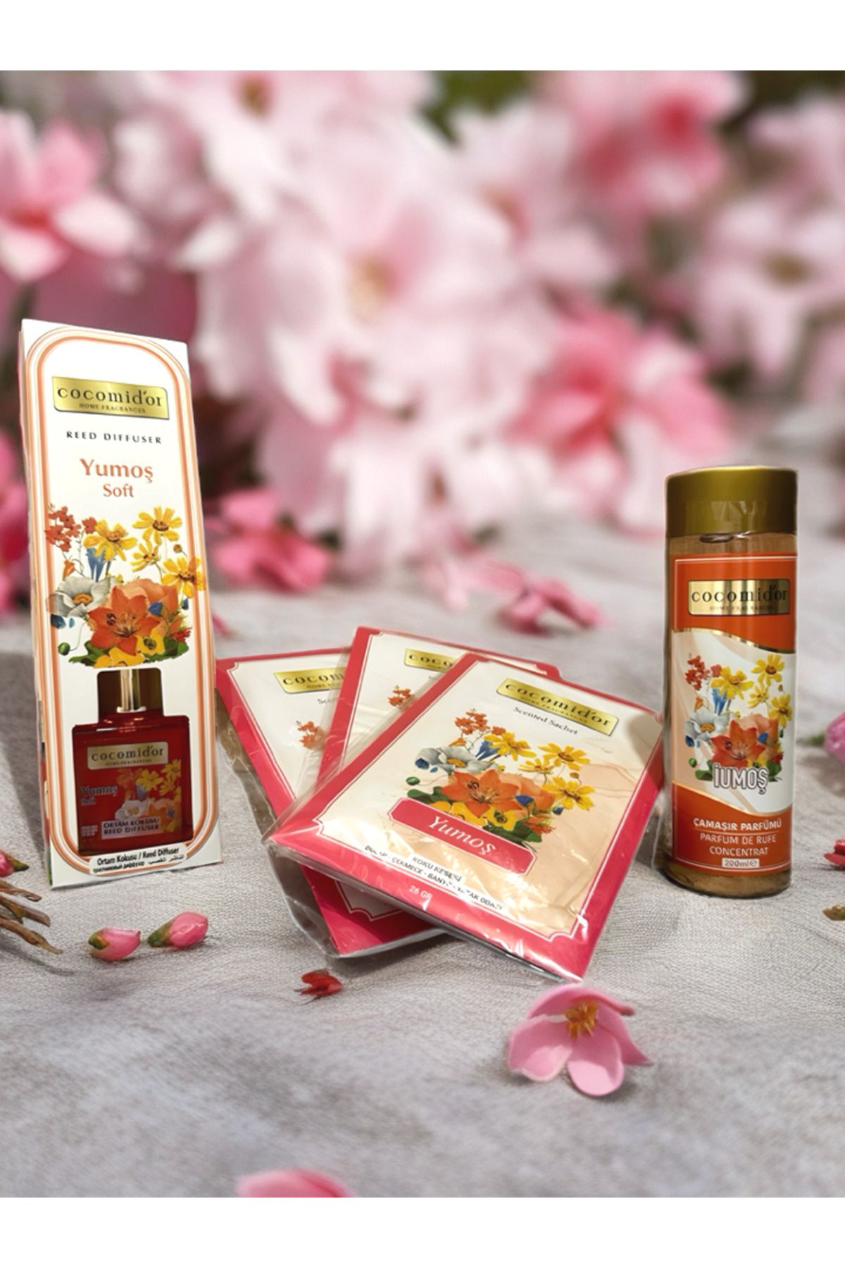 Cocomidor Oda Kokusu Seti – Iumoş Aromalı (120 ml Oda Kokusu + 3 Adet Dolap Kokusu + 200 ml Çamaşır Parfümü)