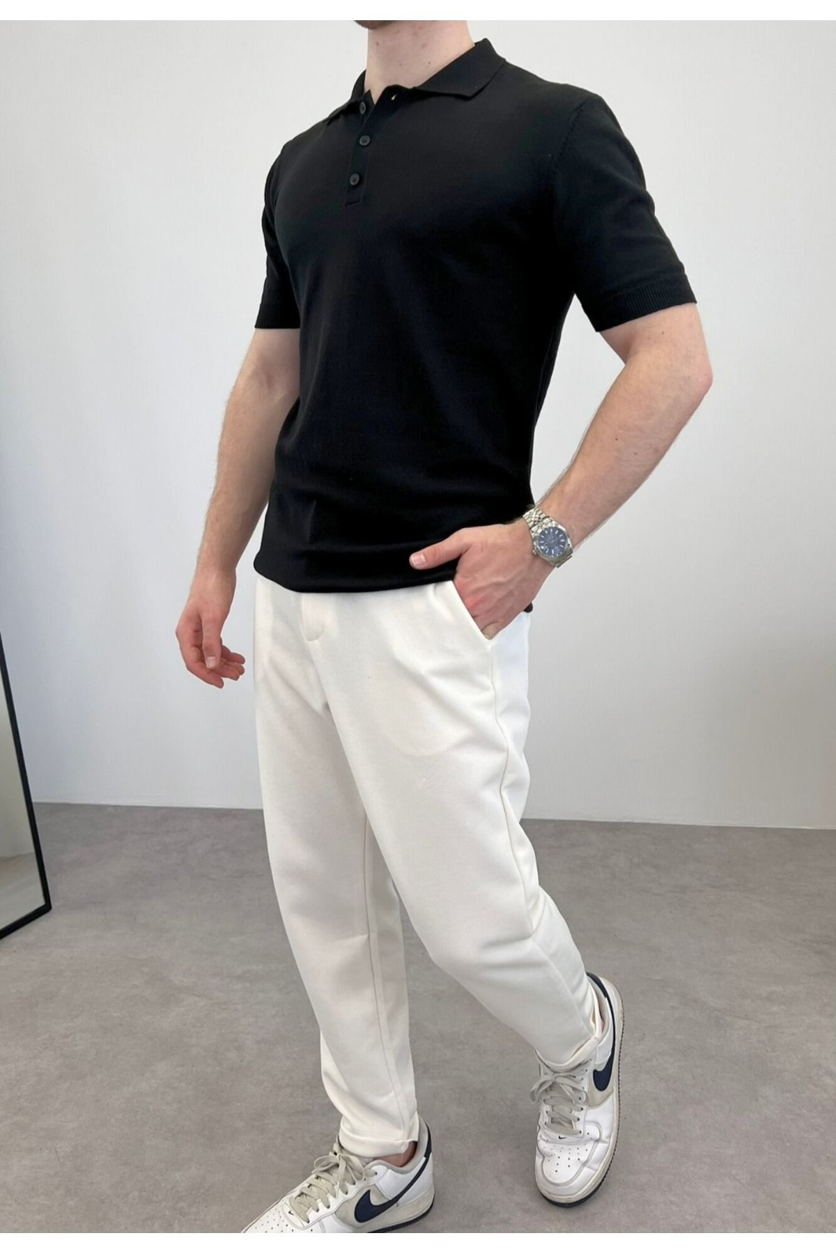 RIESGO ÖRME POLO YAKA DÜĞMELİ T-SHIRT SİYAH