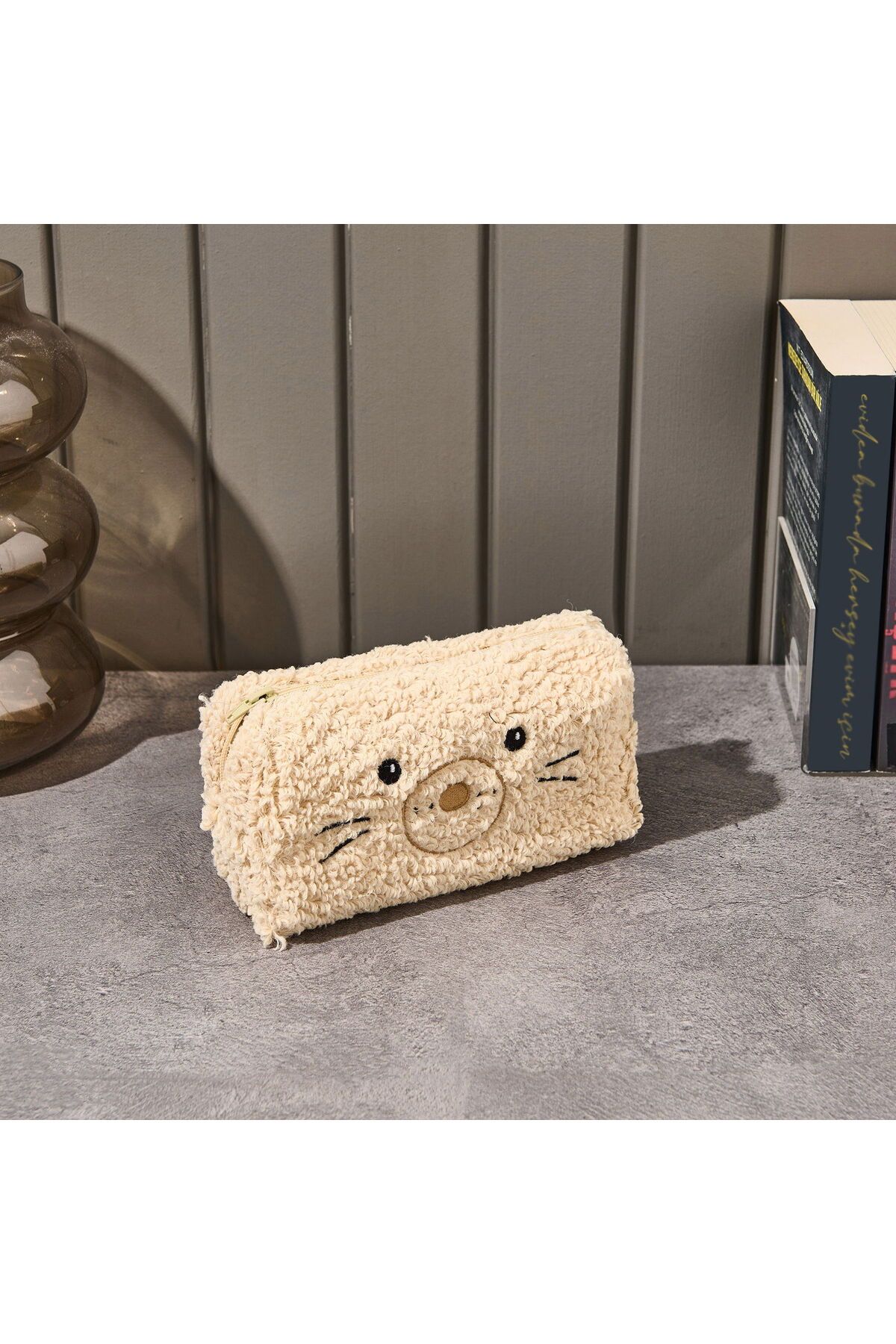 MATMEL Teddy Desenli Peluş Kalemlik - Bej - 22x12 cm