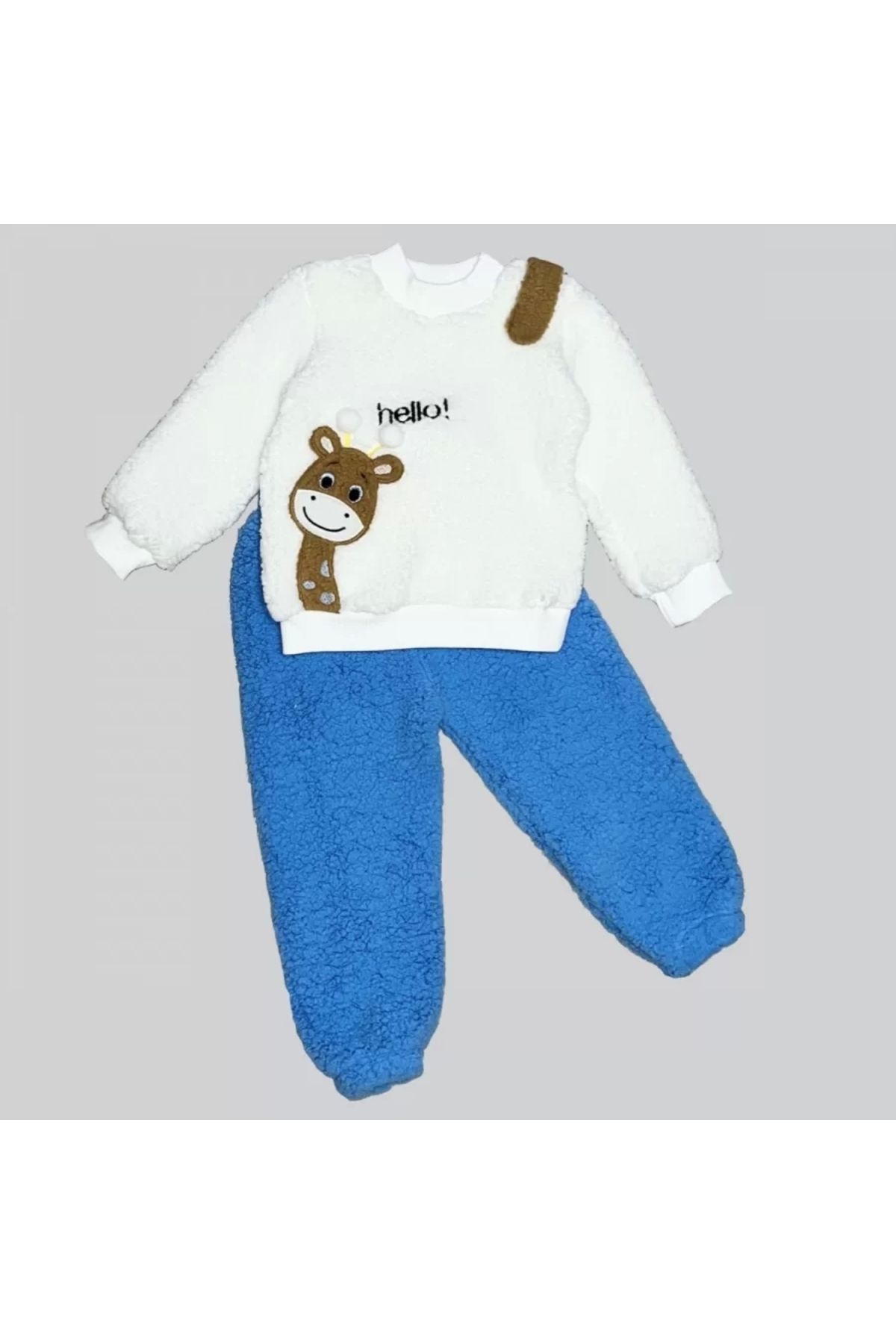 mega fair 1-2-3 Yaş Hello Zürafa Nakışlı Kuzu Kumaş Sweat Pantolon Uzun Kollu Kız Erkek 2 Li Takımı Saks Mavis