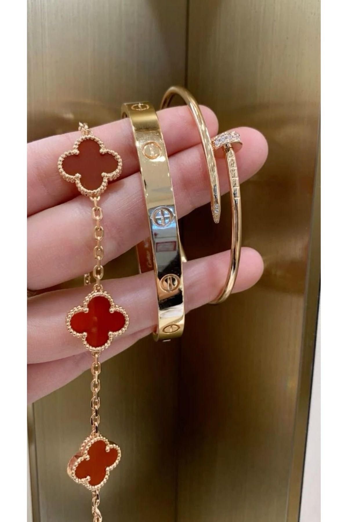 ANGELSS JEWELLERY Bordo Yonca Van Cleeff Çivi Kelepçe Üçlü Kombin Set (3’lü Kombin Yonca Bordo Çivi Kelepçe Set)