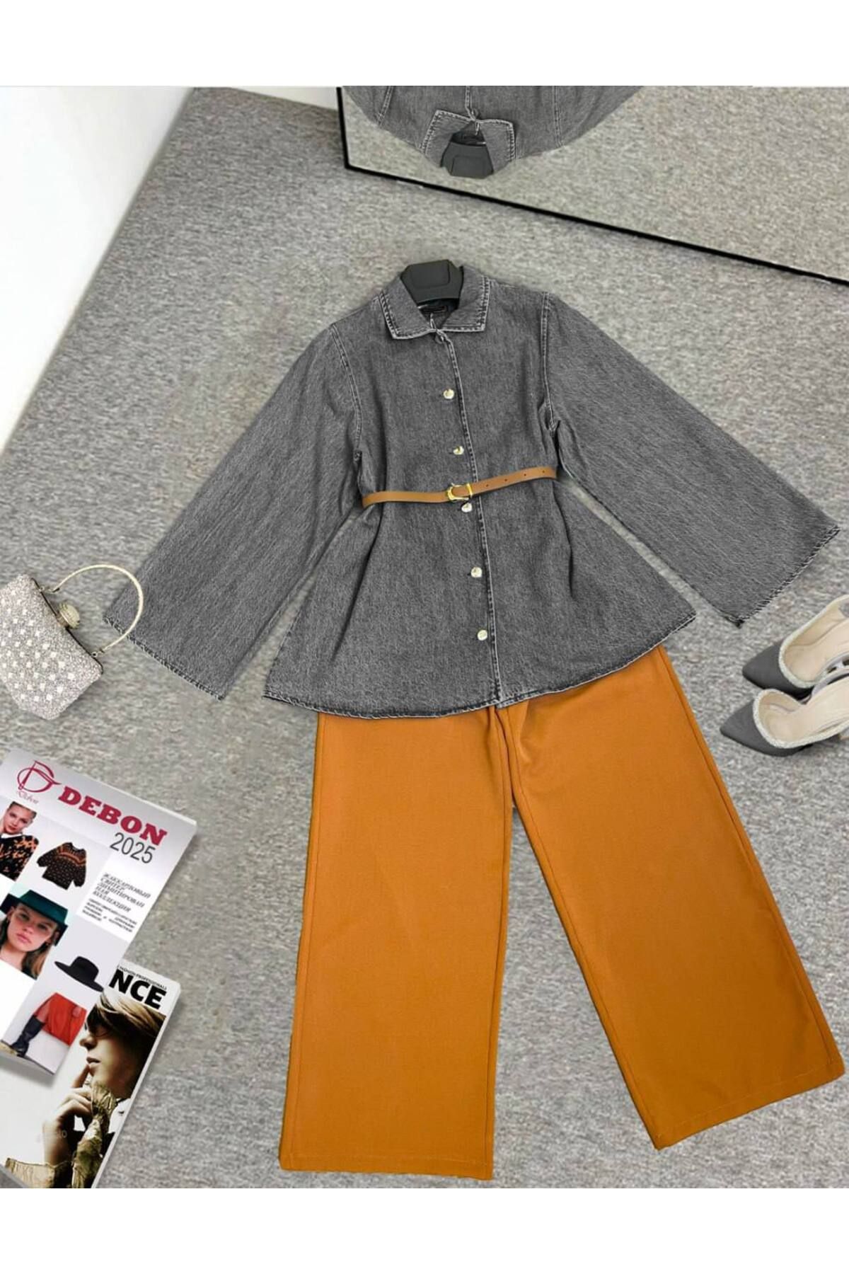 zümrüt moda kemerli kot ceket ve geniş paça pantolon , ikili kot takım 1797