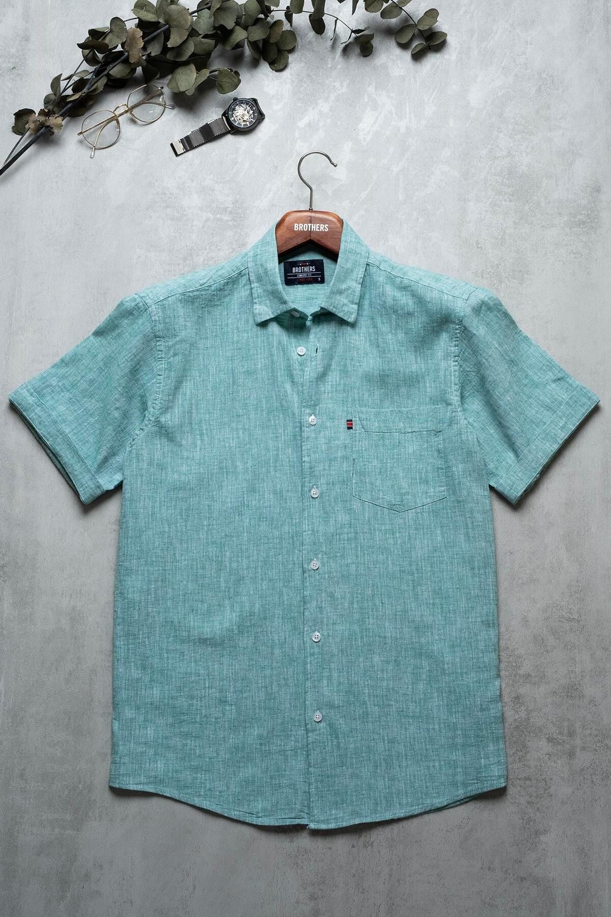 Brothers Erkek Comfort Fit Kısa Kol Tek Cepli Yıkamalı Pamuk Keten Gömlek Lunas Ss B01.251.609 - Yeş