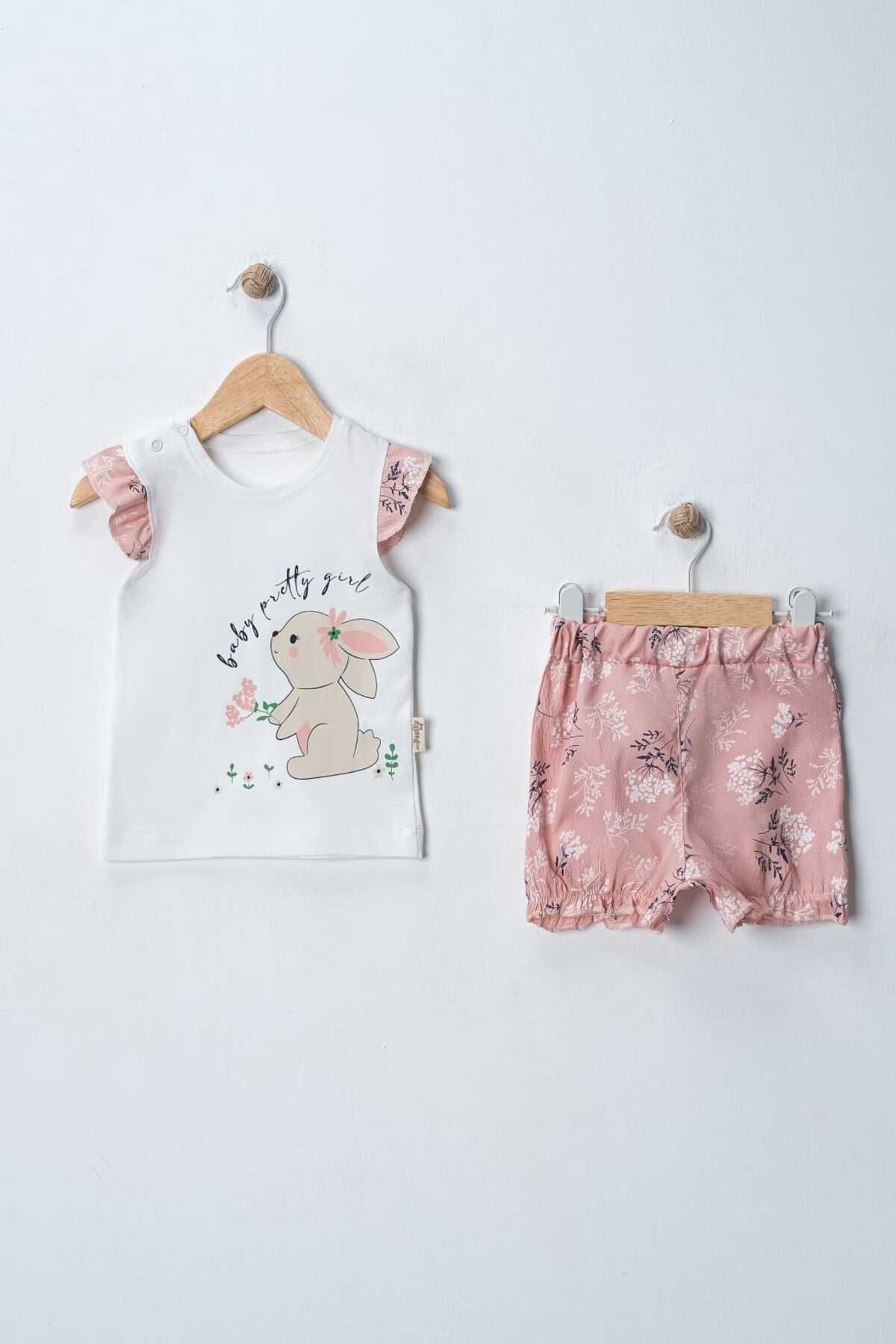 MyPrettyBaby TAVŞAN BASKILI ÇİÇEKLİ ŞORTLU YAZLIK KIZ BEBEK ALT ÜST TAKIM